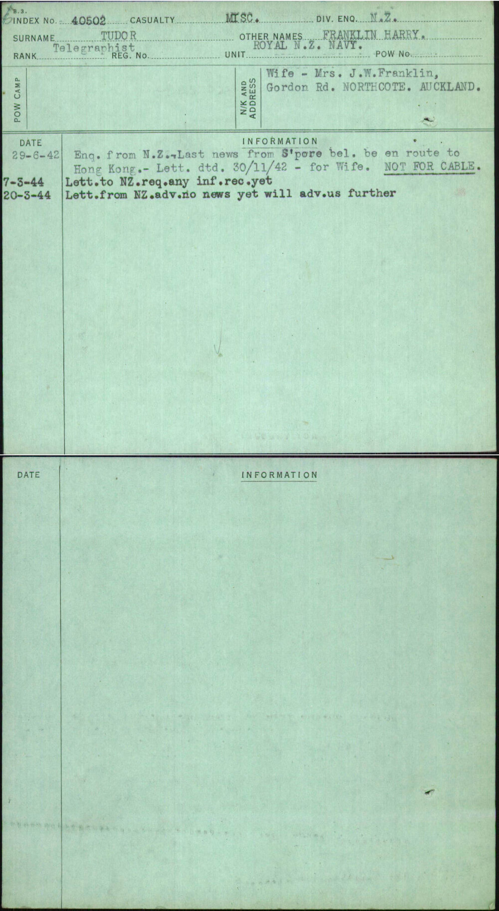 Tudor, Franklin Harry, [No Service Number]