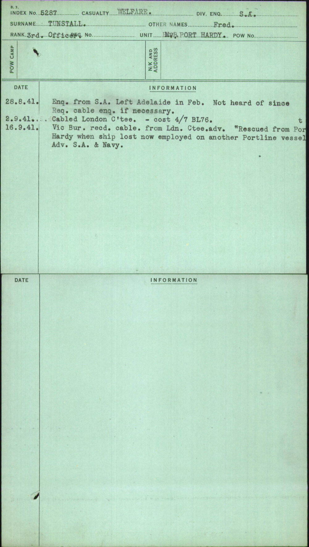 Tunstall, Fred, [No Service Number]