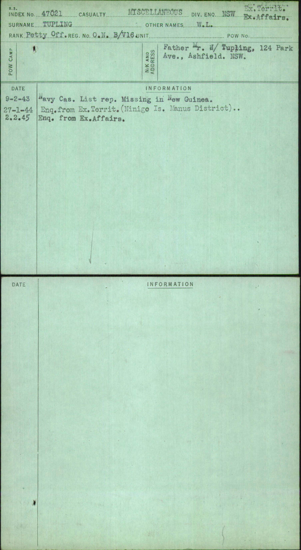 Tupling, W L, Onb-V16
