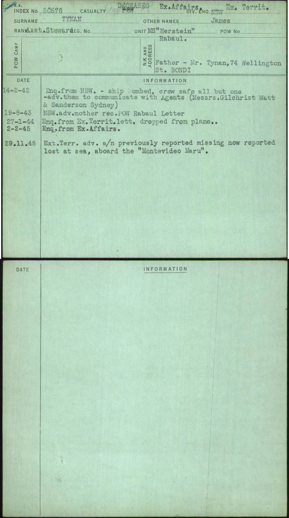 Tynan, James, [No Service Number]