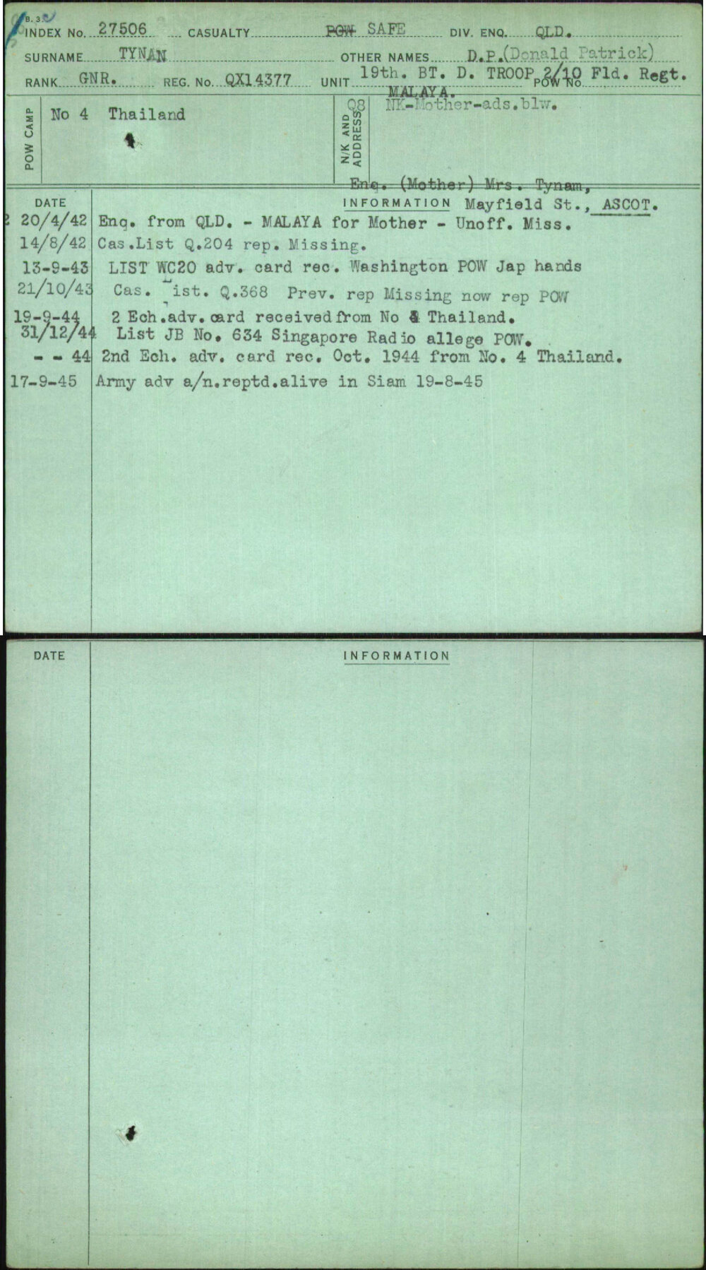 Tynan, D P (Donald Patrick), QX14377