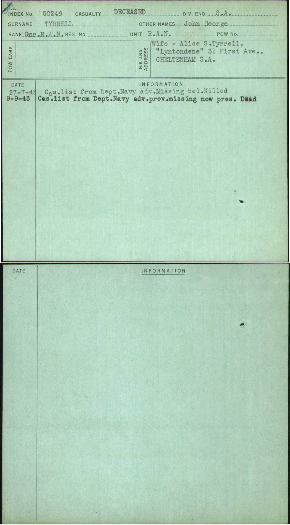 Tyrrell, John George, [No Service Number]