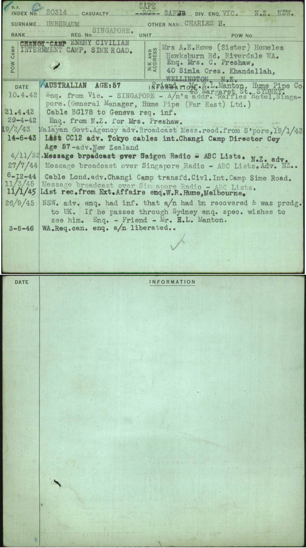 Unbehaum, Charles H, Singapore