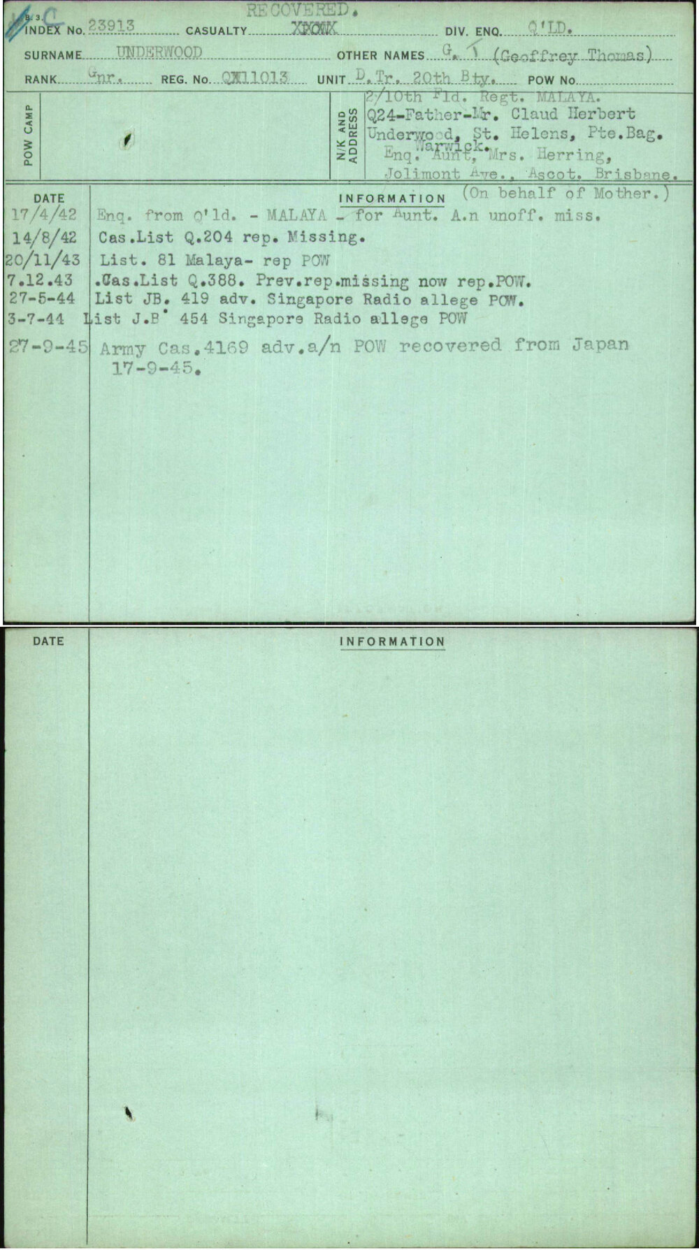 Underwood, G T (Geoffrey Thomas), QX11013