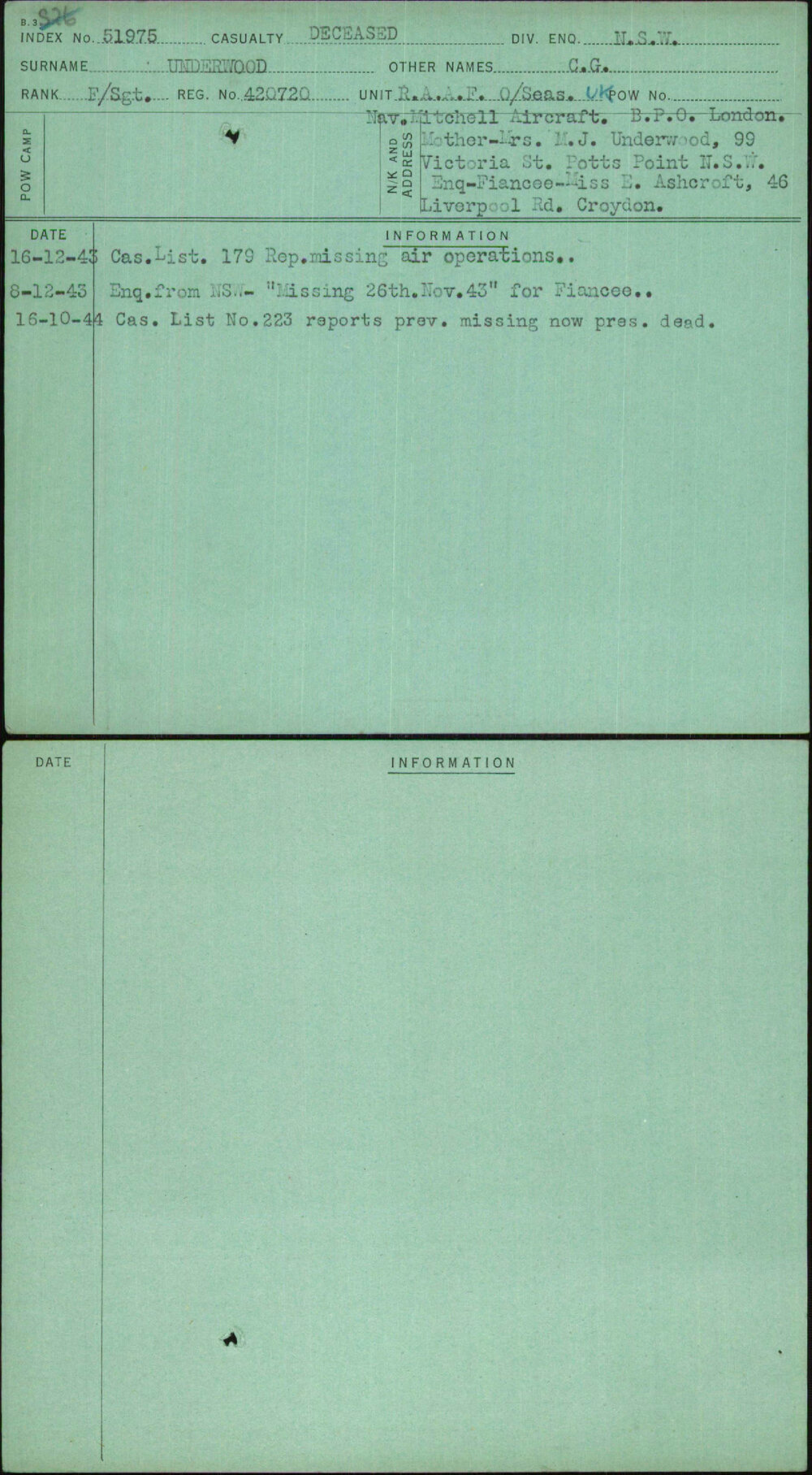 Underwood, C G, 420720