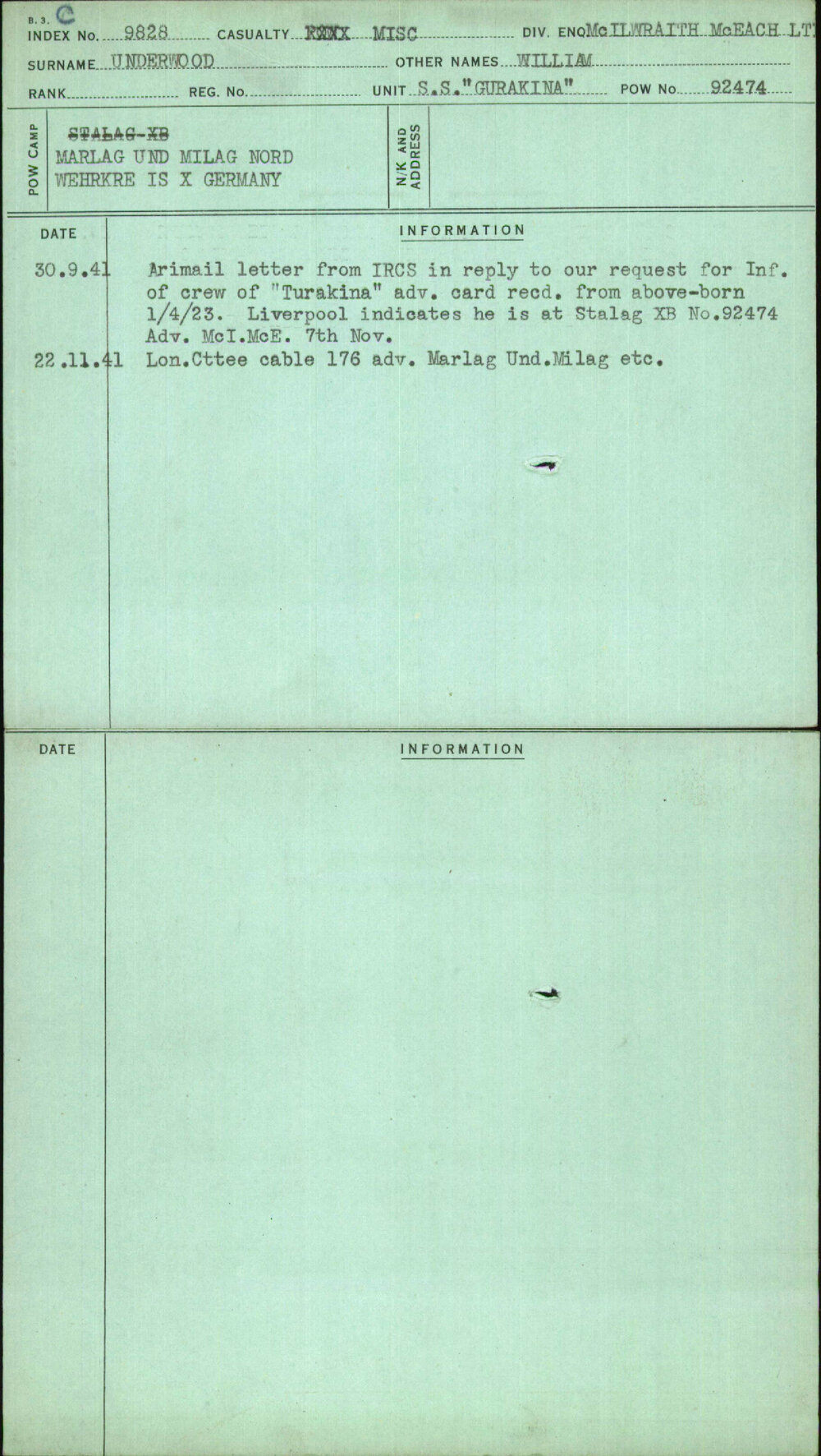 Underwood, William, [No Service Number]