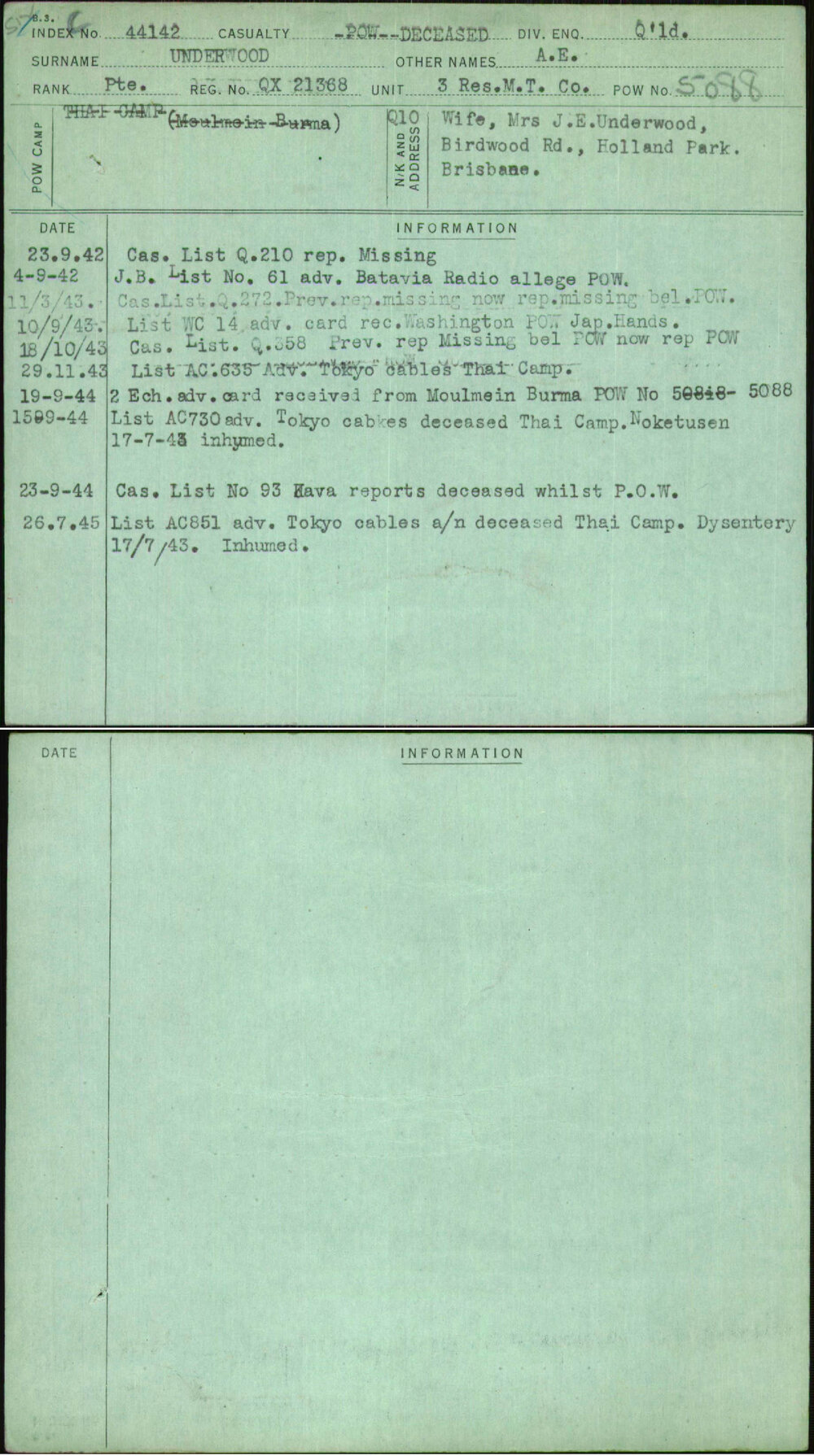 Underwood, A E, QX21368