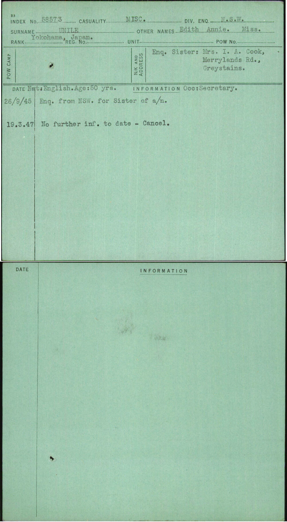 Unile, Edith Annie Miss, [No Service Number]