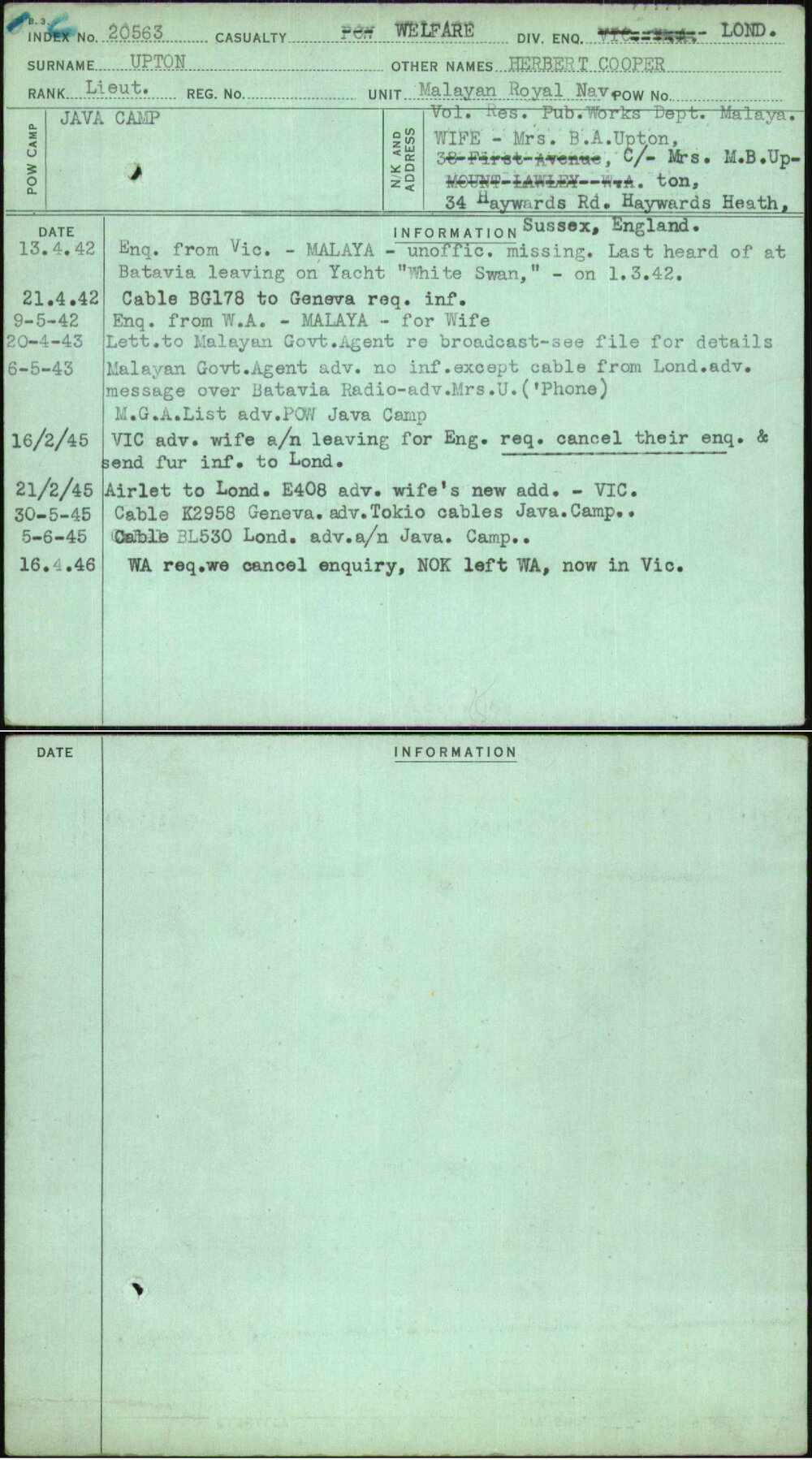 Upton, Herbert Cooper, [No Service Number]