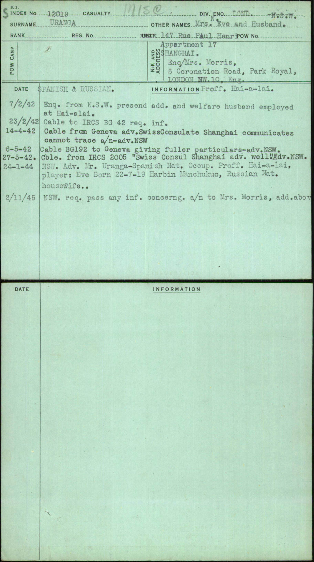 Uranga, Mrs Eve And Husband, [No Service Number]