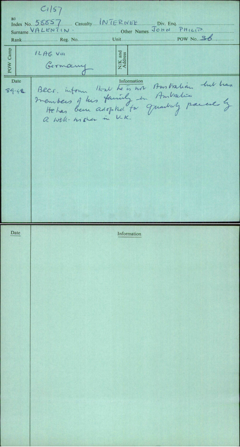 Valentin, John Philip, [No Service Number]