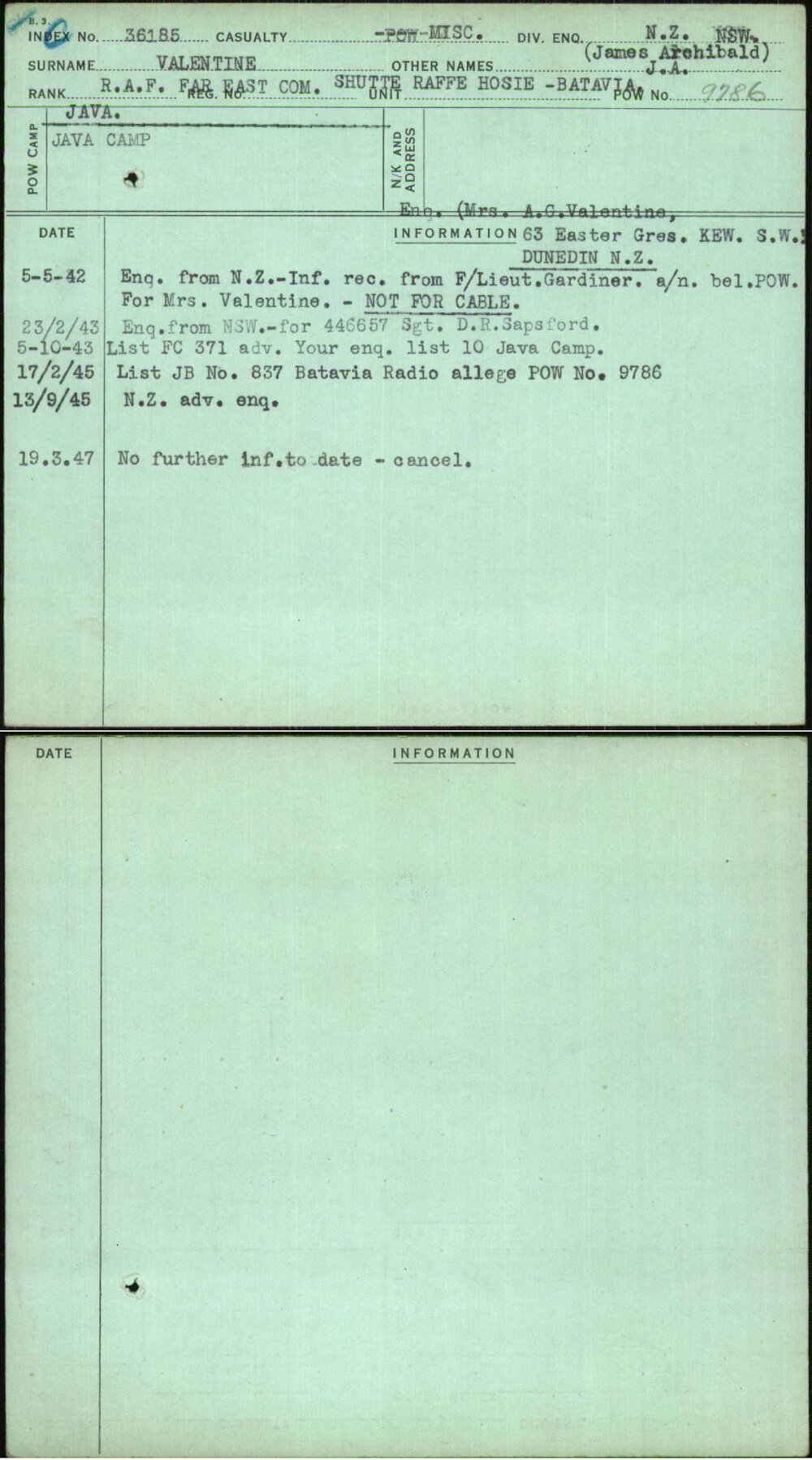 Valentine, J A (James Archibald), [No Service Number]