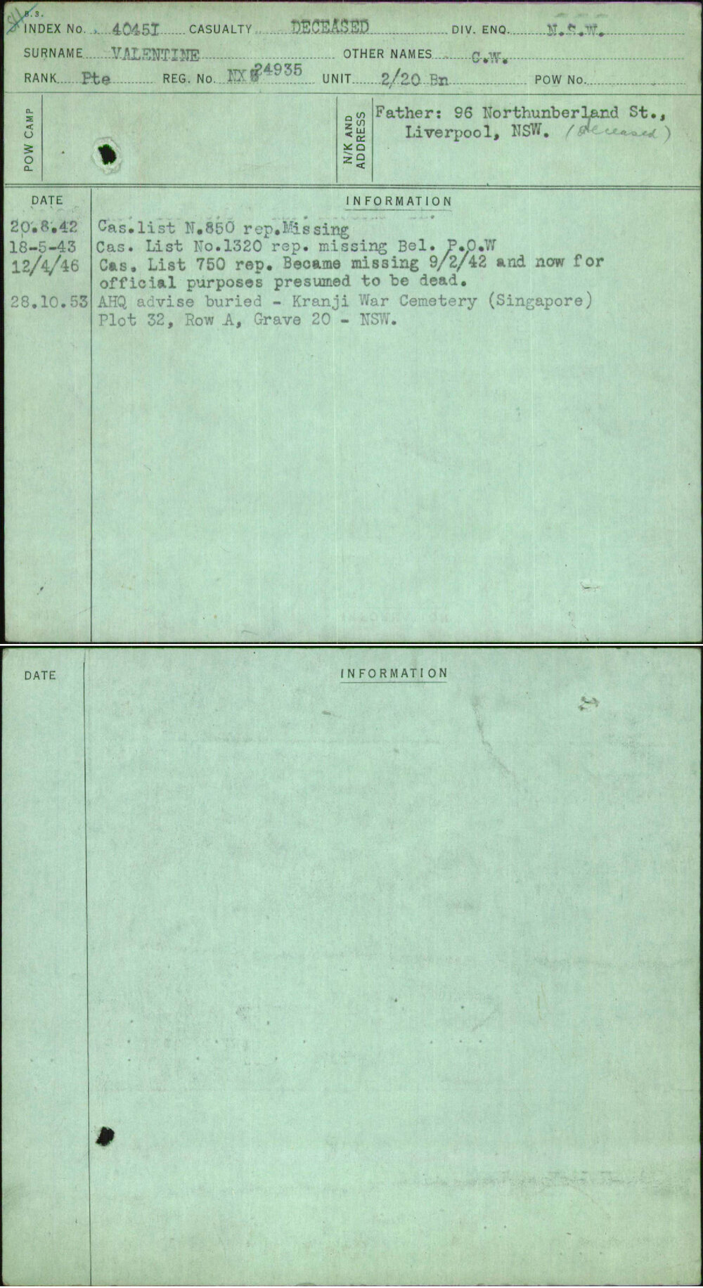 Valentine, C W, NX24935