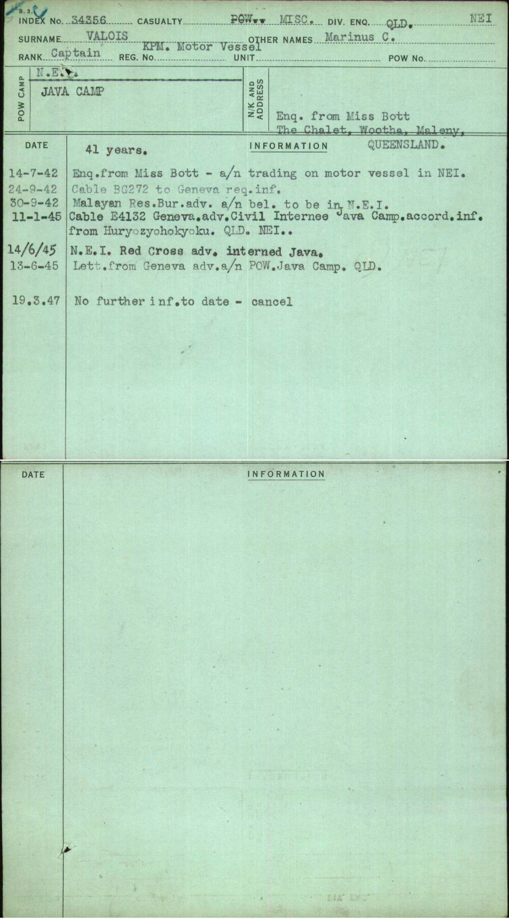 Valois, Marinus C, [No Service Number]