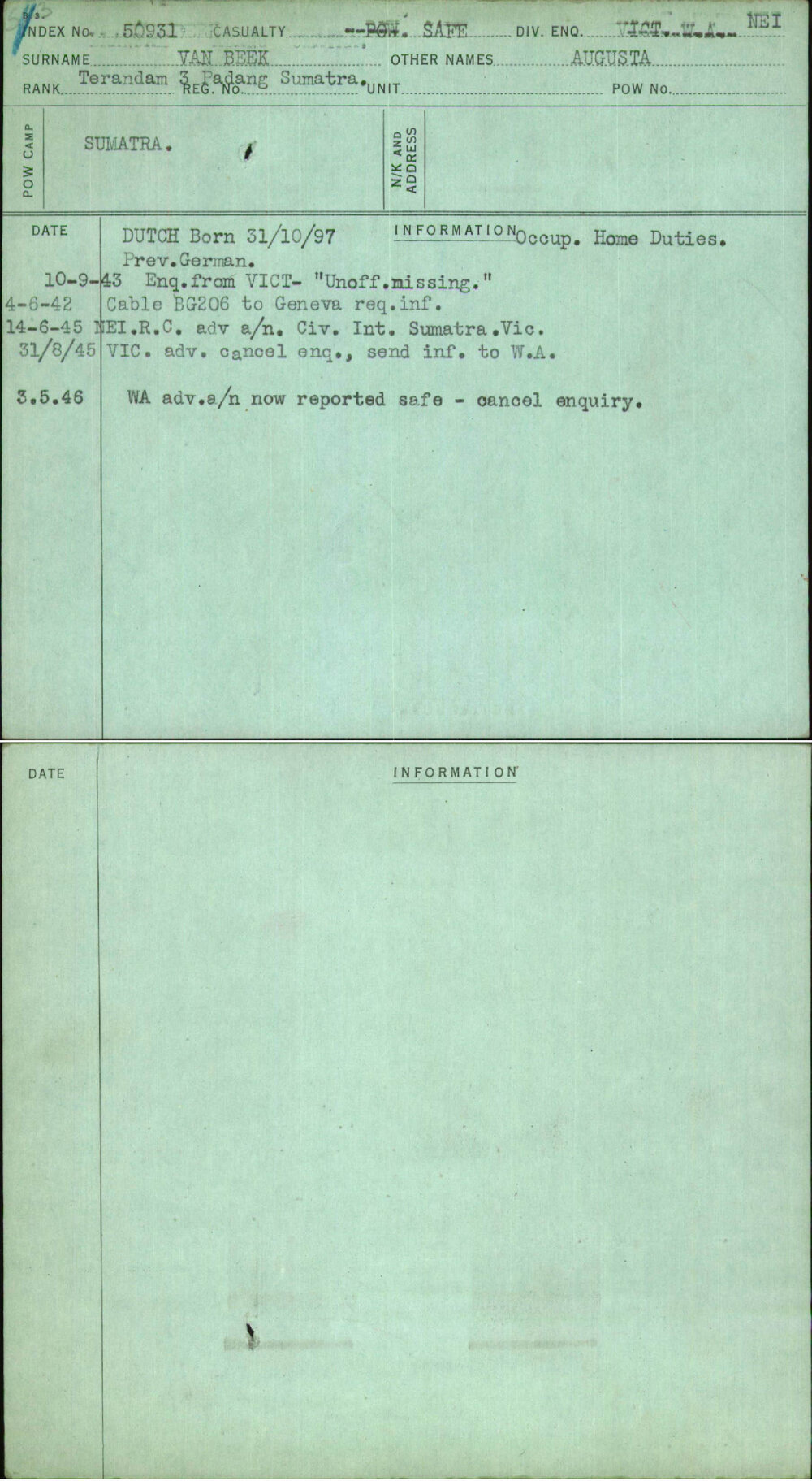 Van Beek, Augusta, [No Service Number]