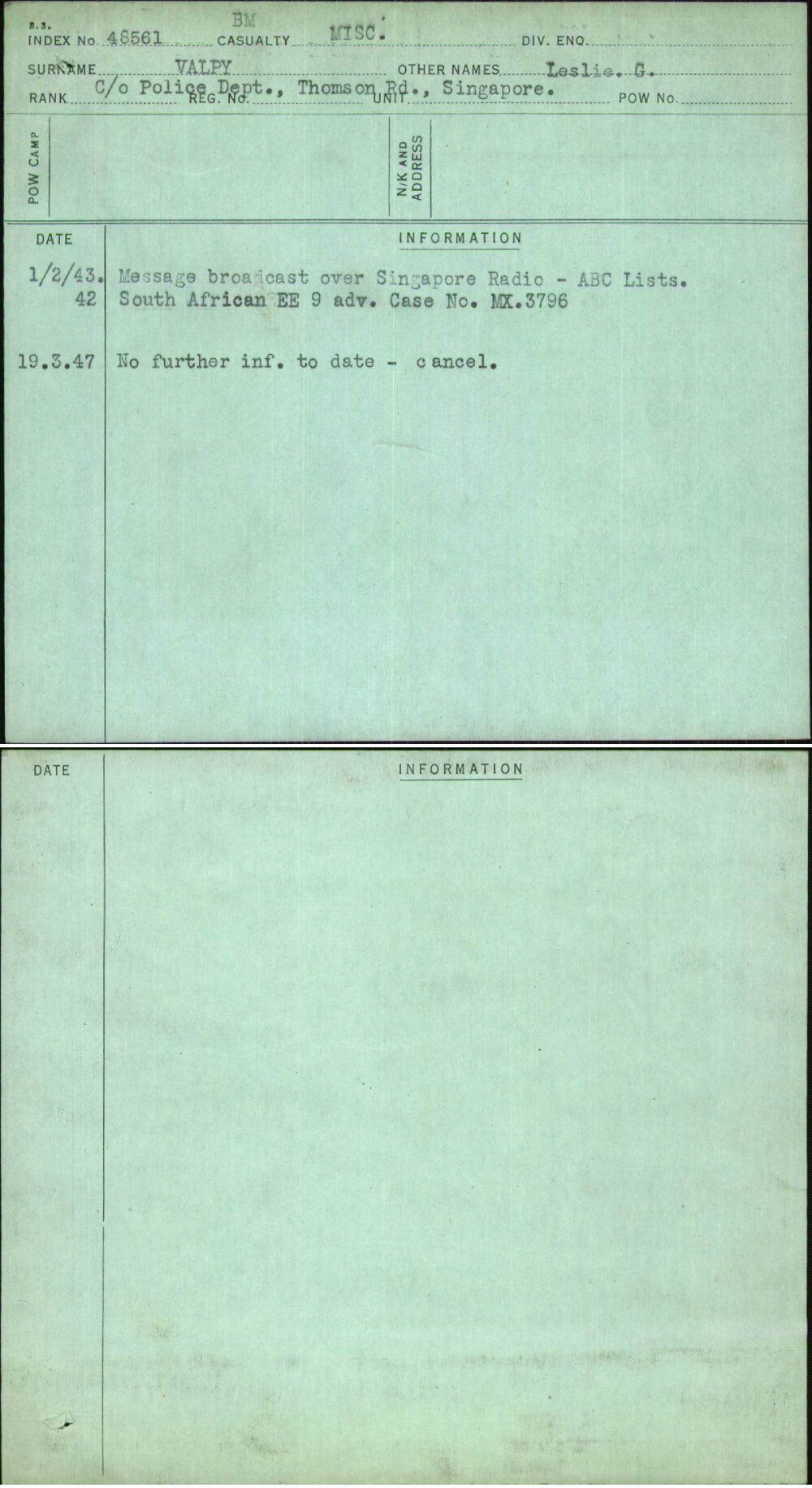 Valpy, Leslie G, [No Service Number]