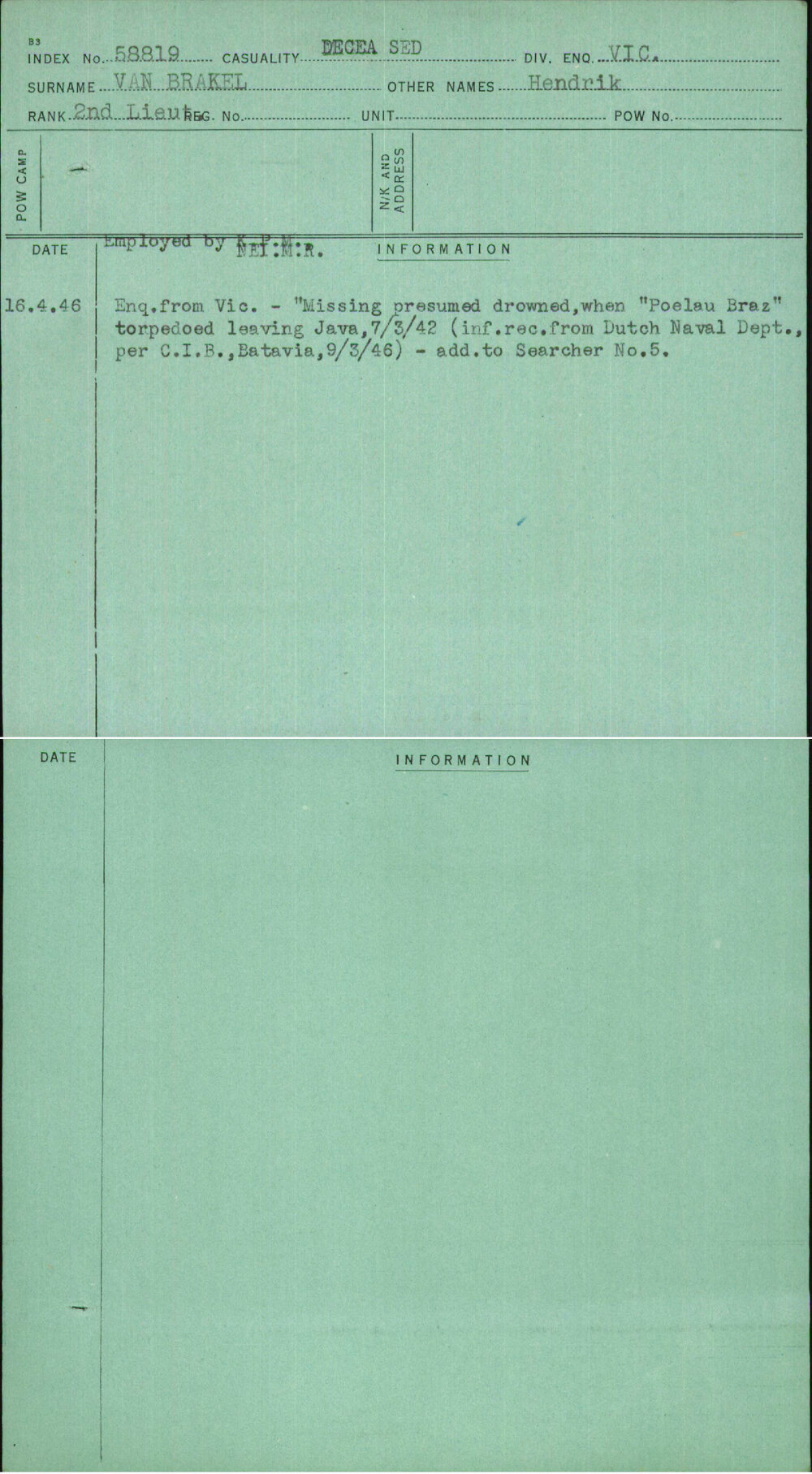 Van Brakel, Hendrick, [No Service Number]