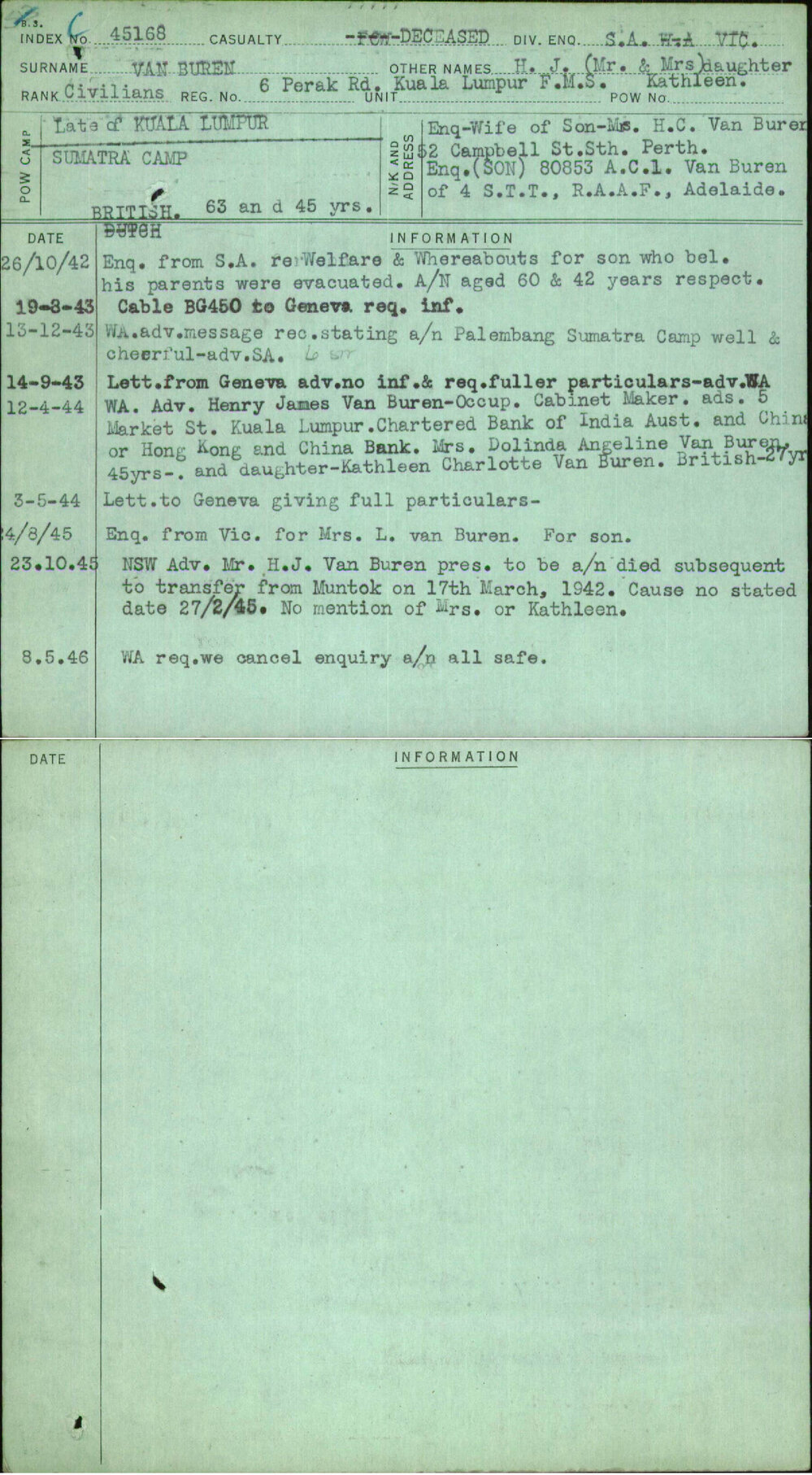 Van Buren, H J (Mr &amp; Mrs) Daughter, [No Service Number]