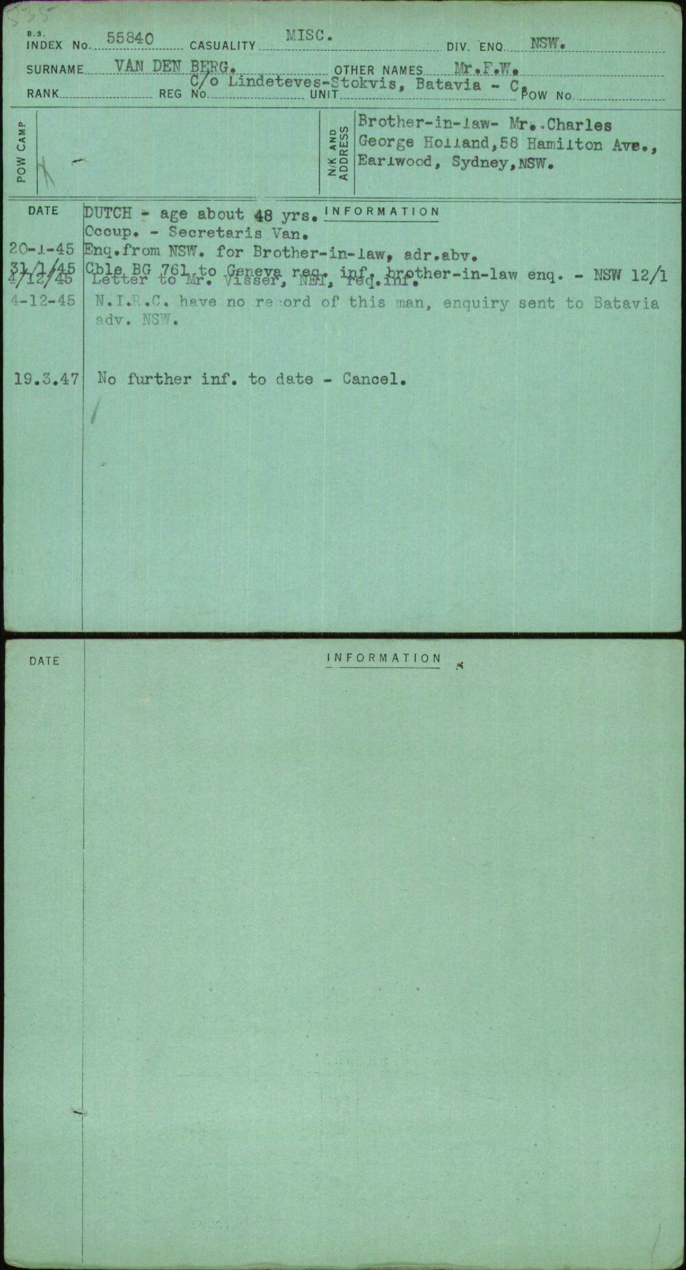 Van Den Berg, Mr F W, [No Service Number]