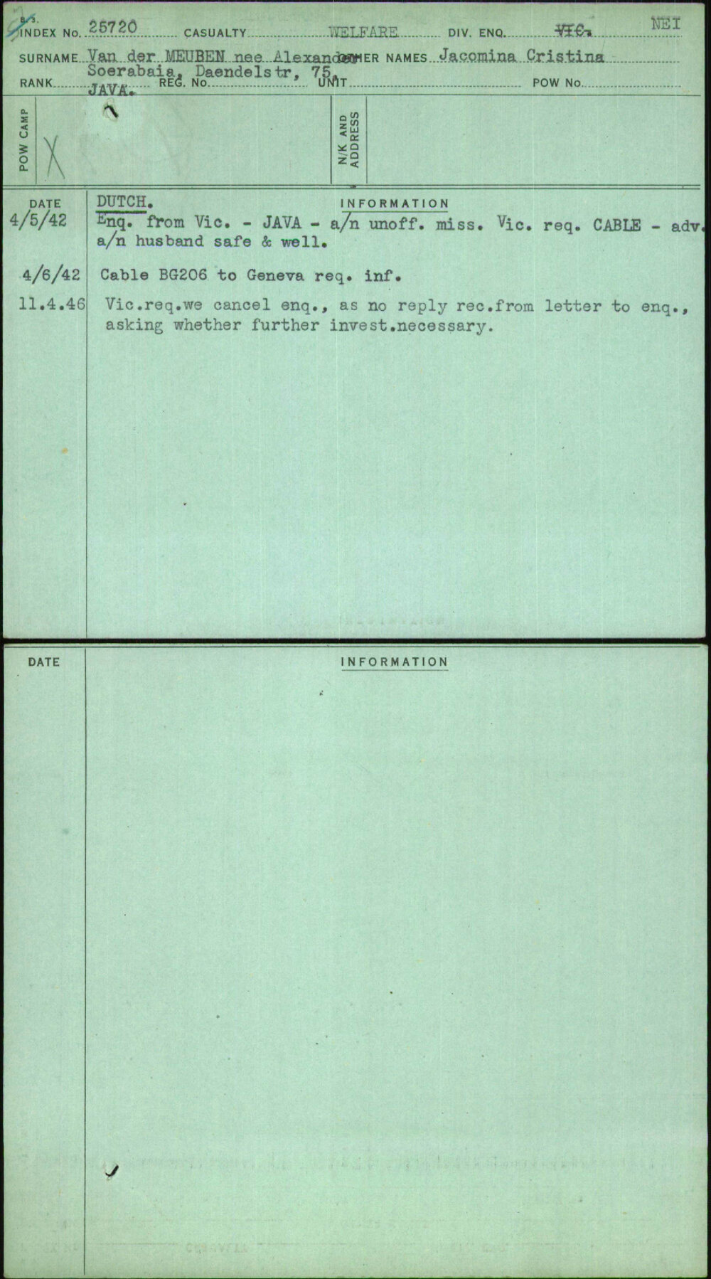 Van Der Meuben Nee Alexander, Jacomina Cristina, [No Service Number]