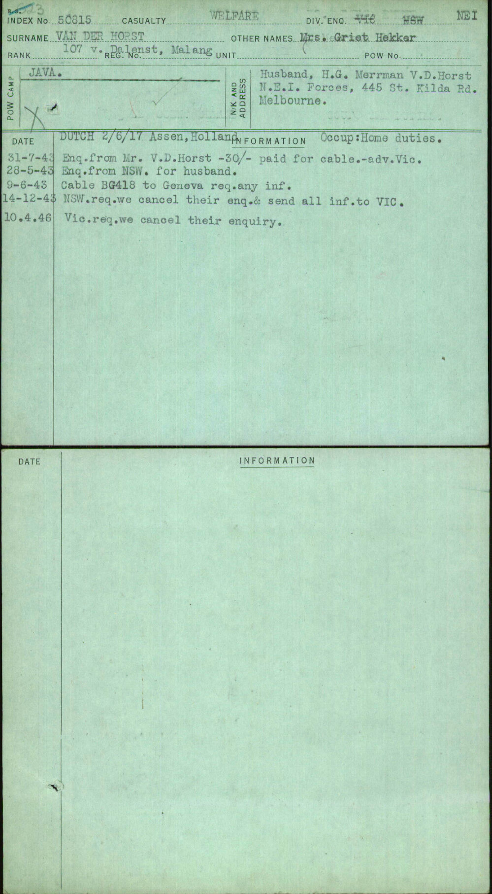 Van Der Horst, Mrs Griet Hekker, [No Service Number]