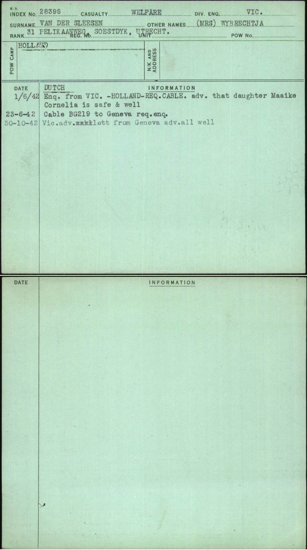 Van Der Sleesen, (Mrs) Wybrechtja, [No Service Number]