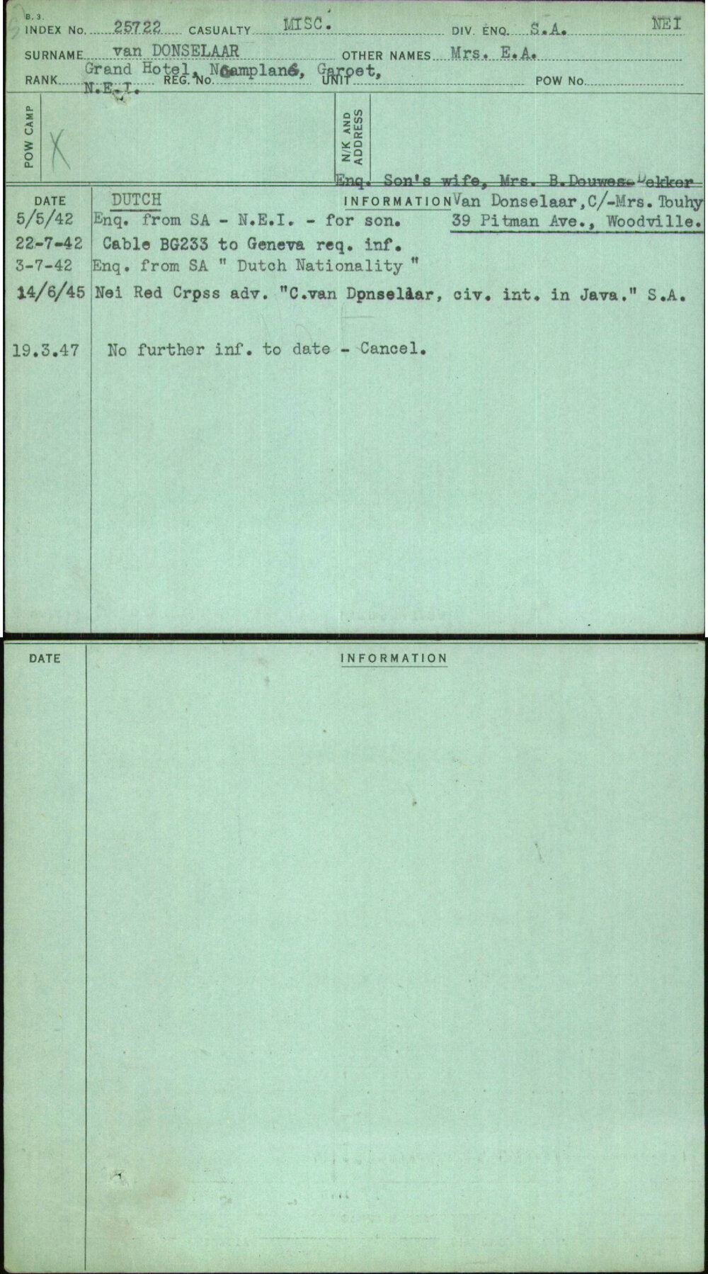 Van Donselaar, Mrs E A, [No Service Number]