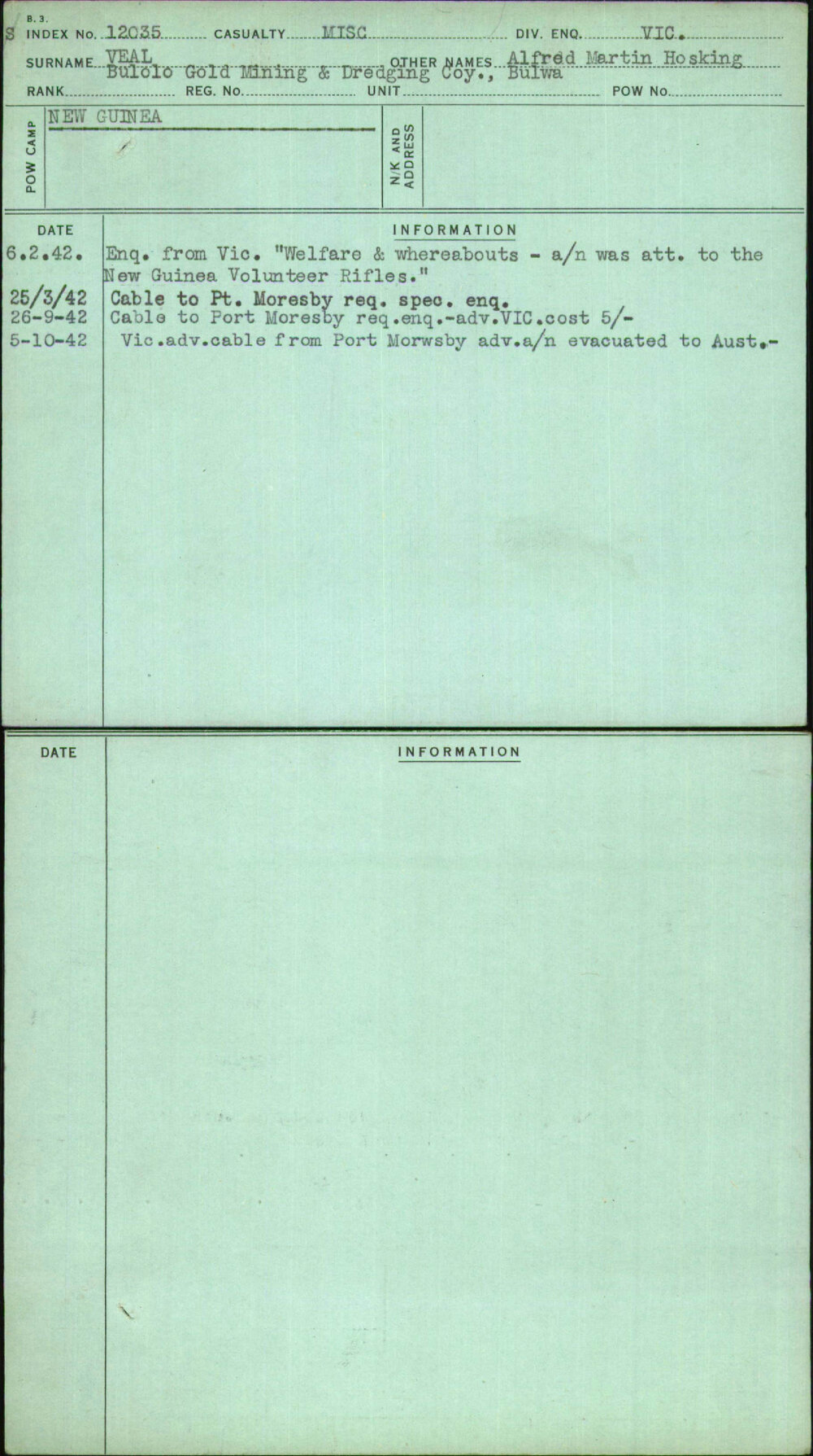 Veal, Alfred Martin Hosking, [No Service Number]