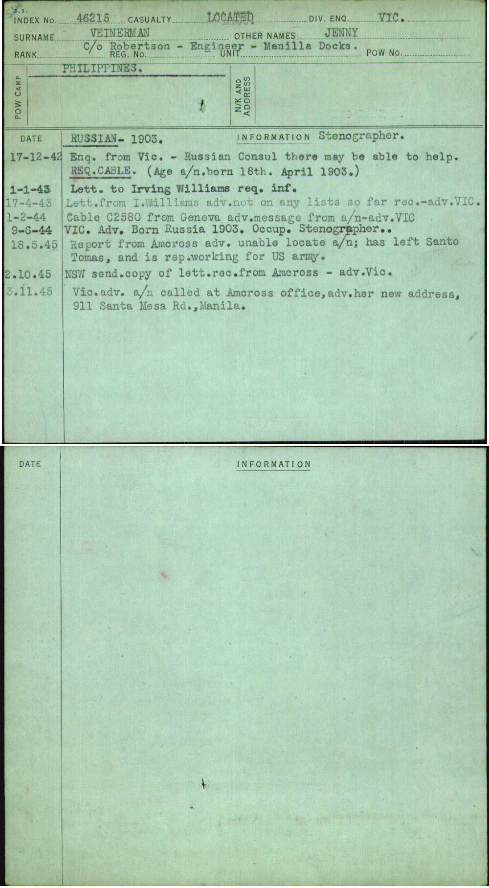 Veinerman, Jenny, [No Service Number]