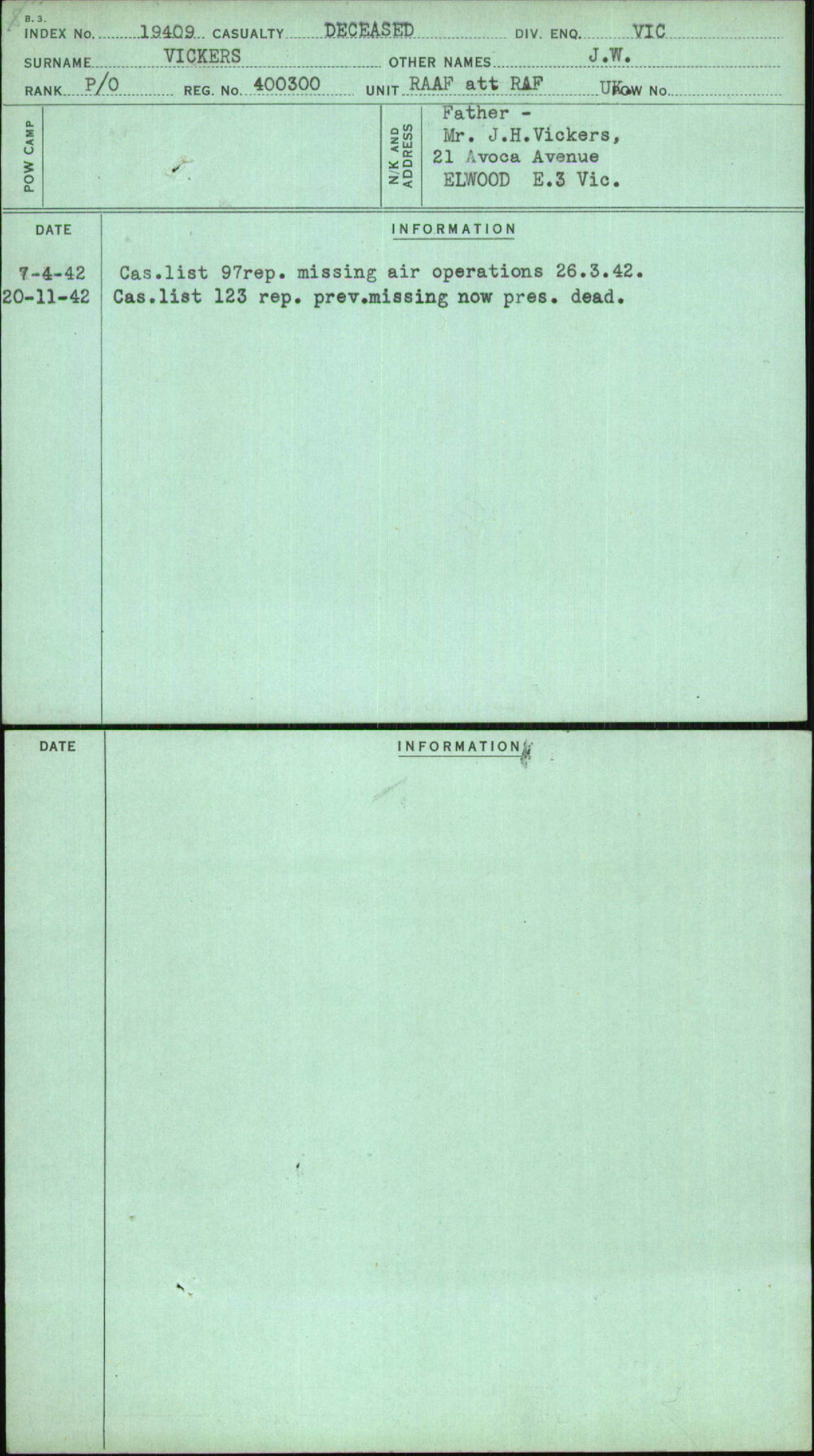 Vickers, J W, 400300