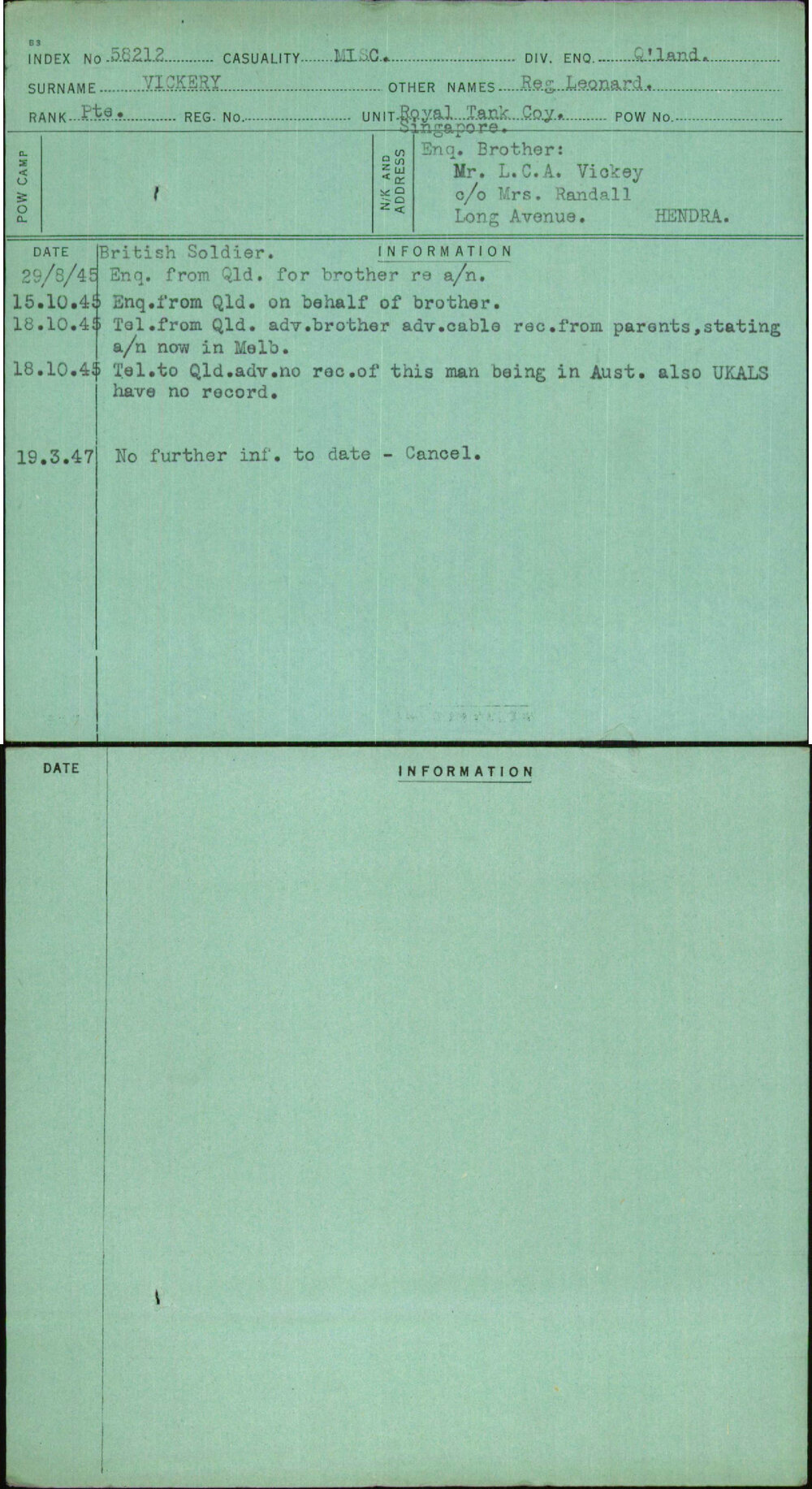 Vickery, Reg Leonard, [No Service Number]