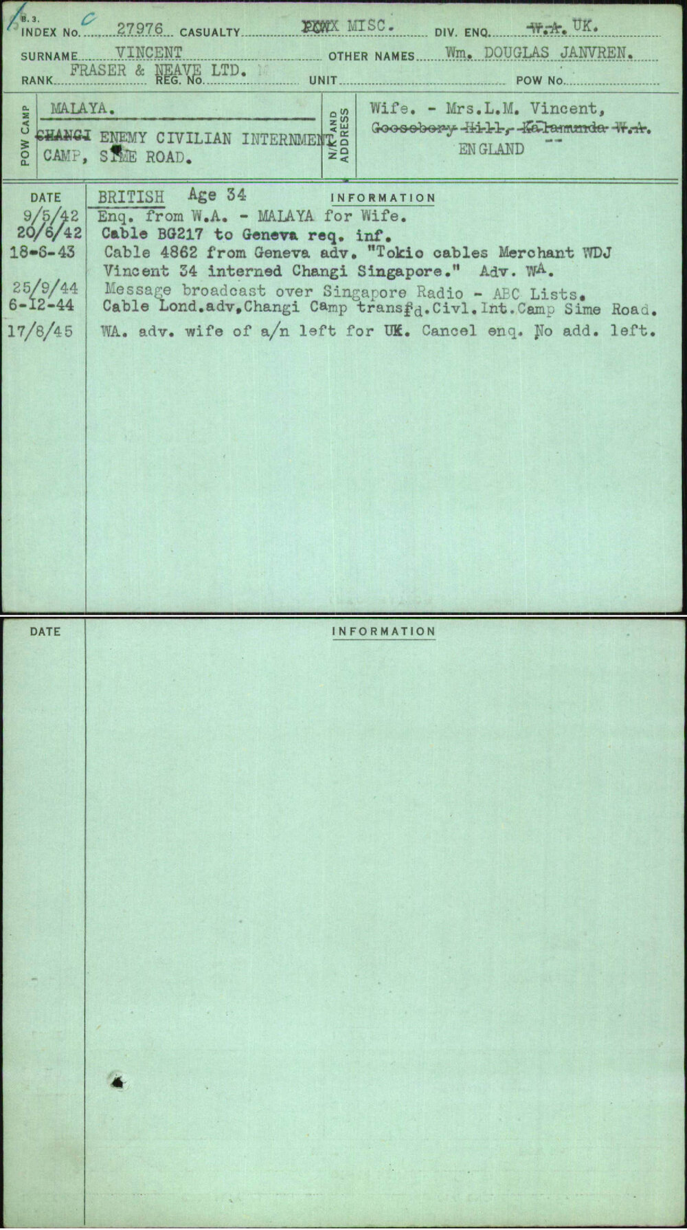 Vincent, Wm Douglas Janvren, [No Service Number]