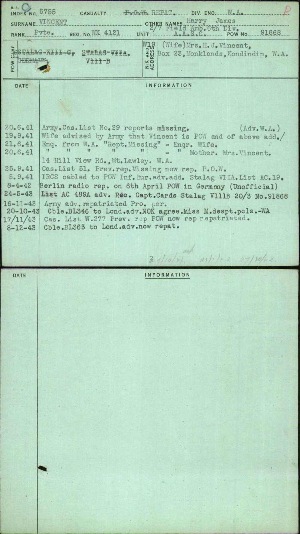 Vincent, Harry James, WX4121