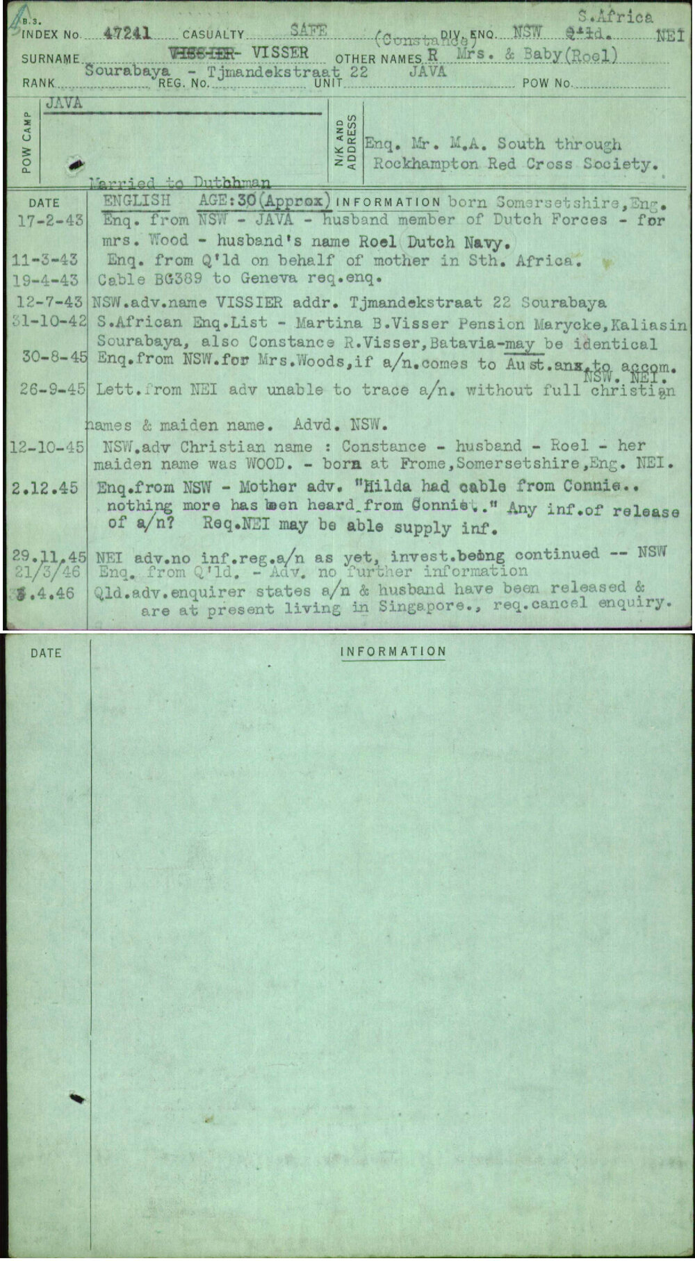 Visser, R Mrs &amp; Baby (Roel), [No Service Number]