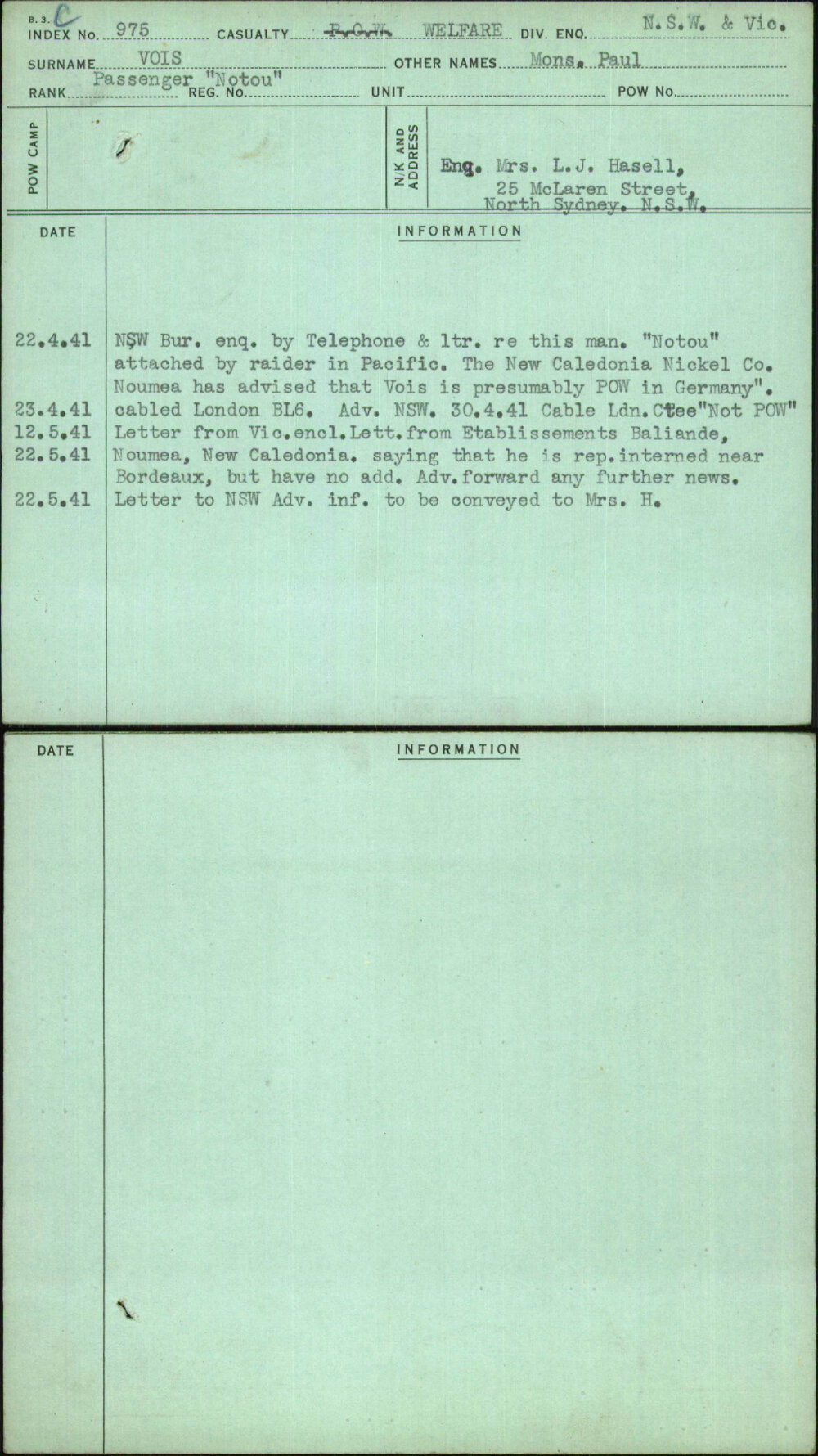 Vois, Mons Paul, [No Service Number]