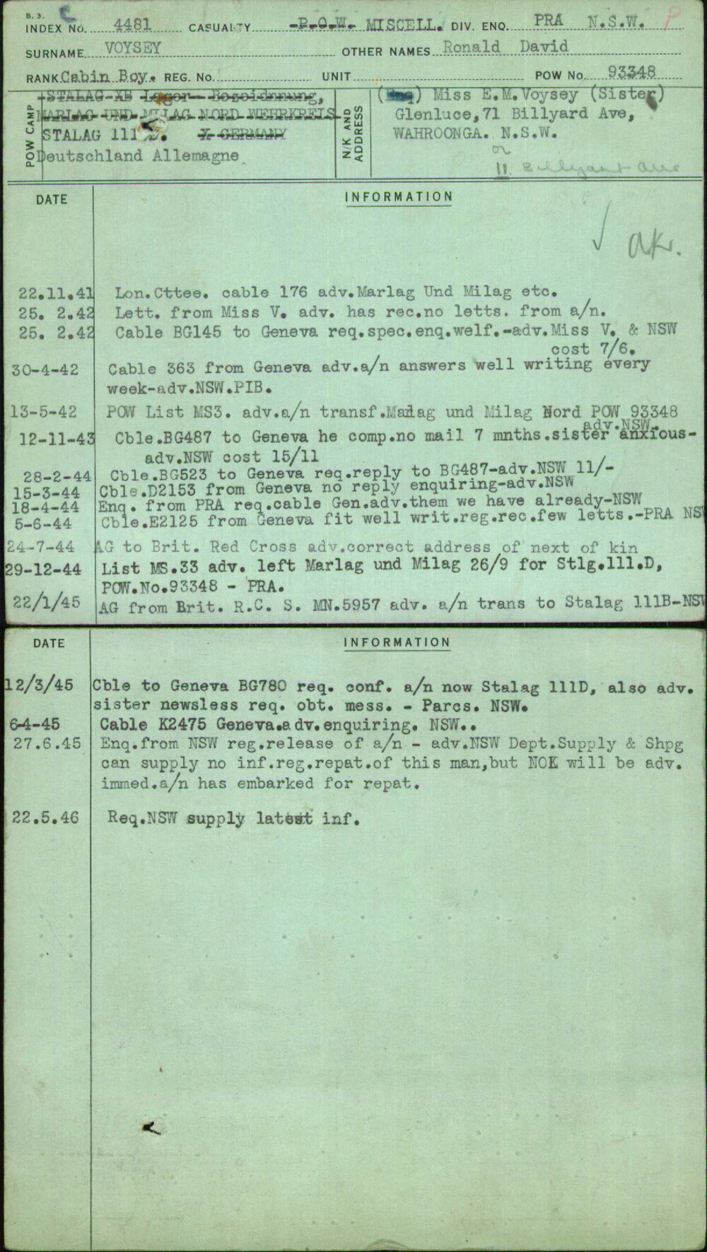 Voysey, Ronald David, [No Service Number]