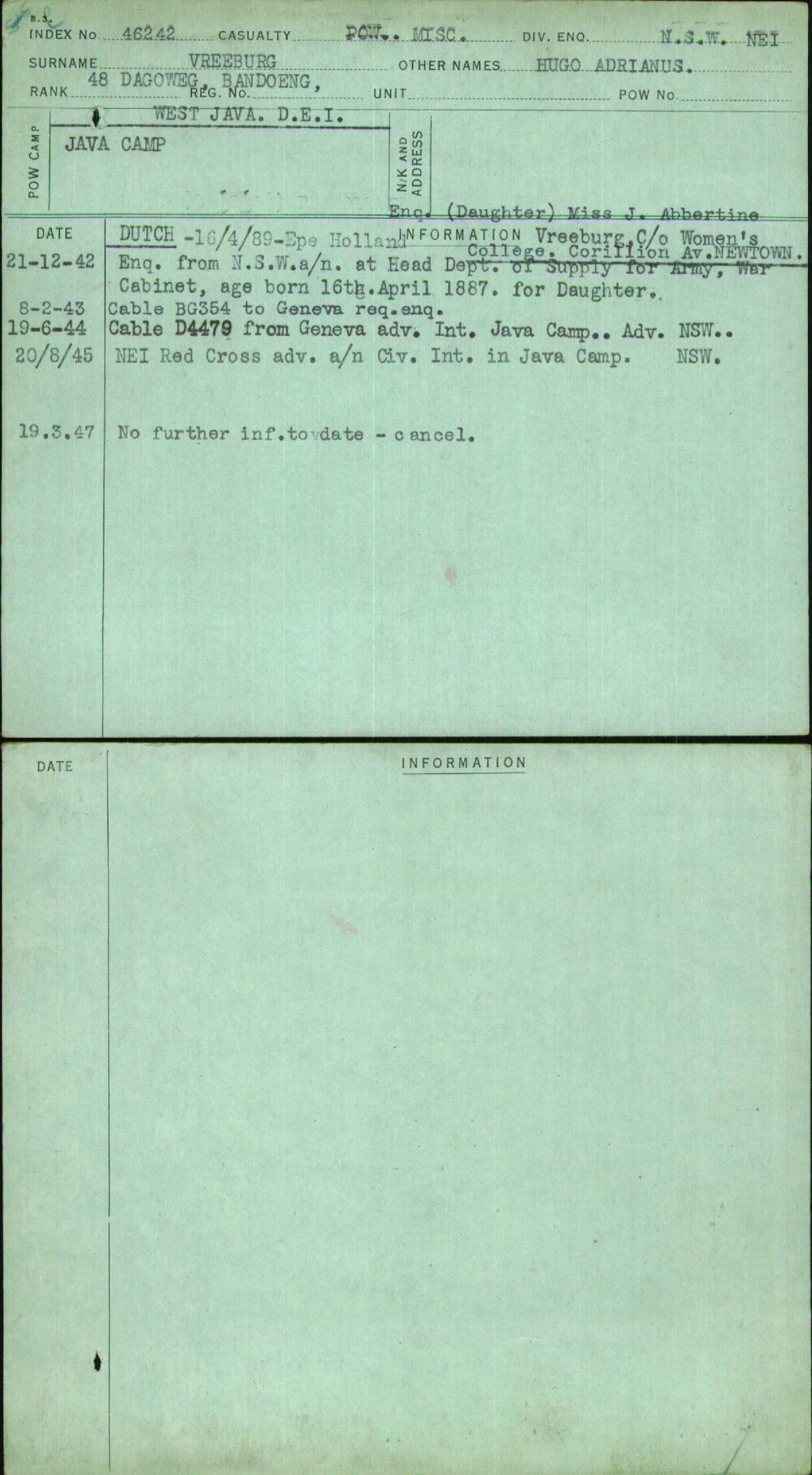 Vreeburg, Hugo Adrianus, [No Service Number]