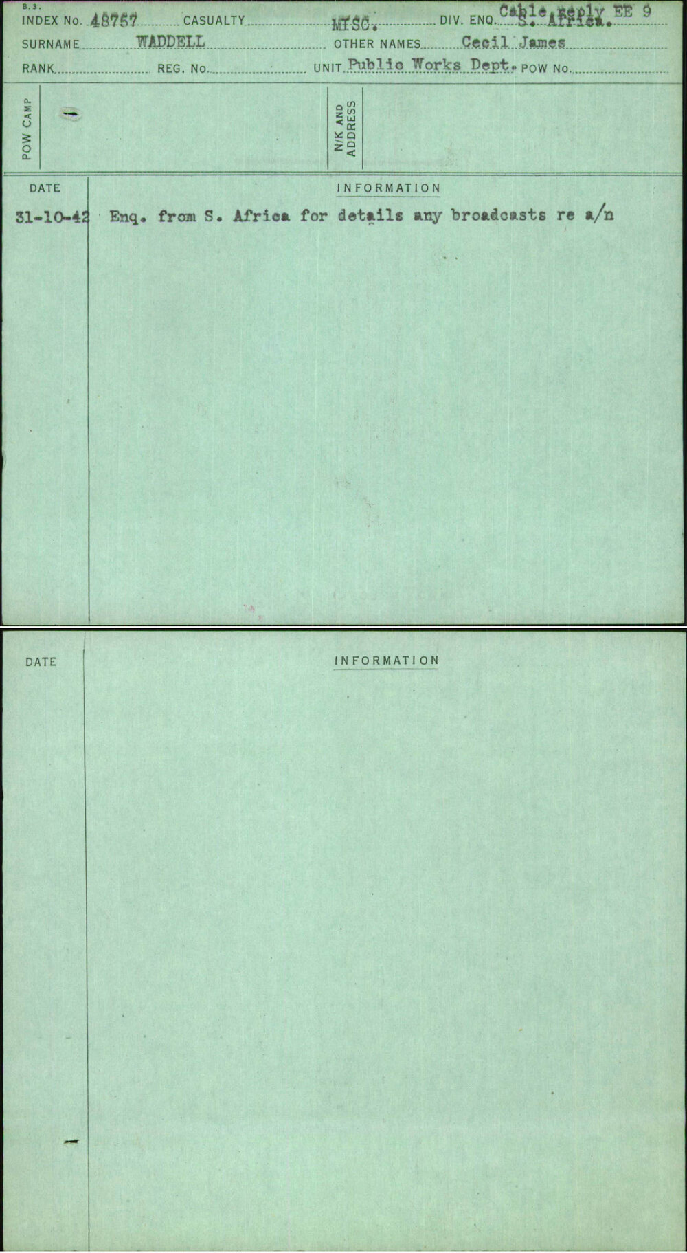 Waddell, Cecil James, [No Service Number]