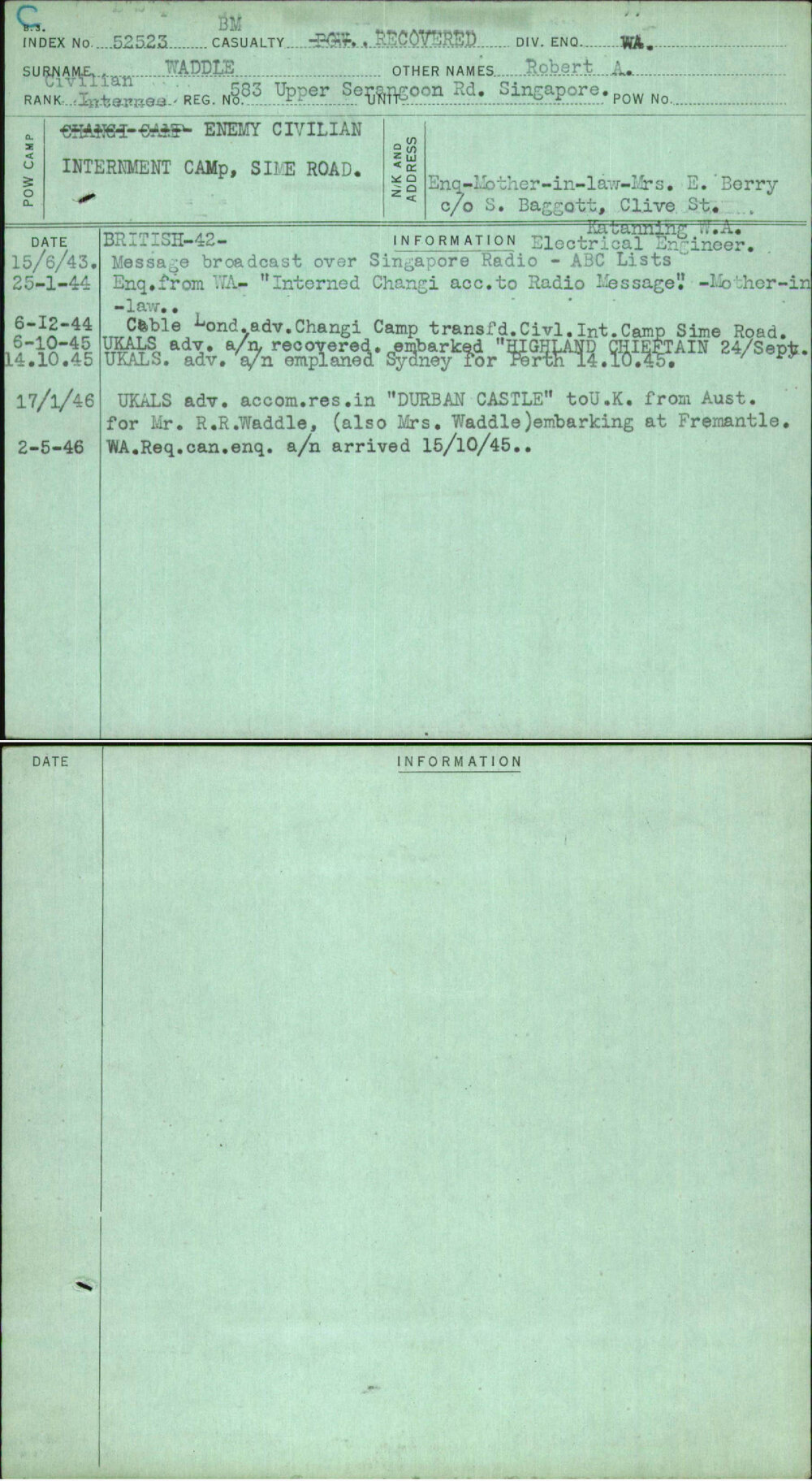 Waddle, Robert A, [No Service Number]