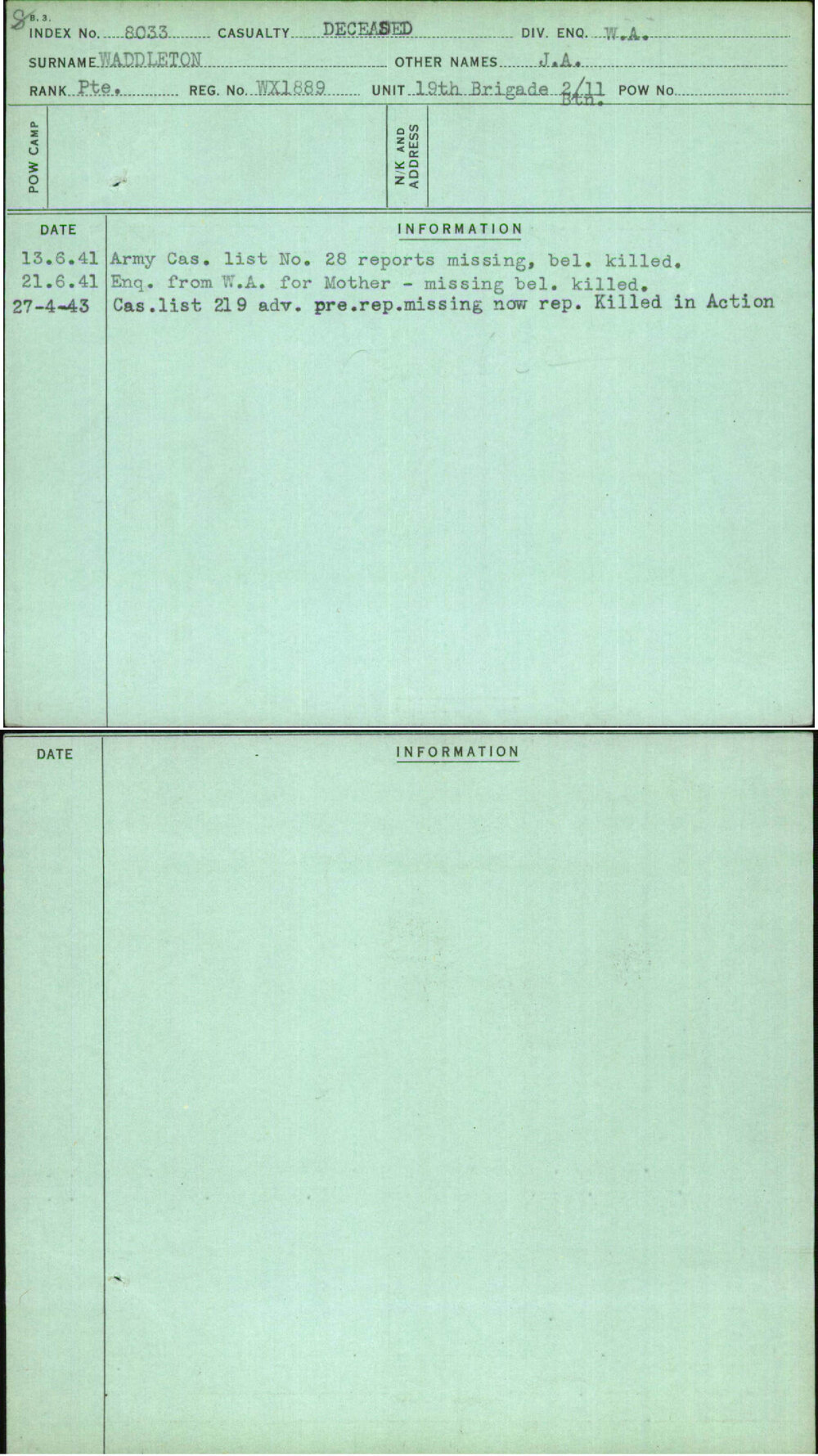 Waddleton, J A, WX1889