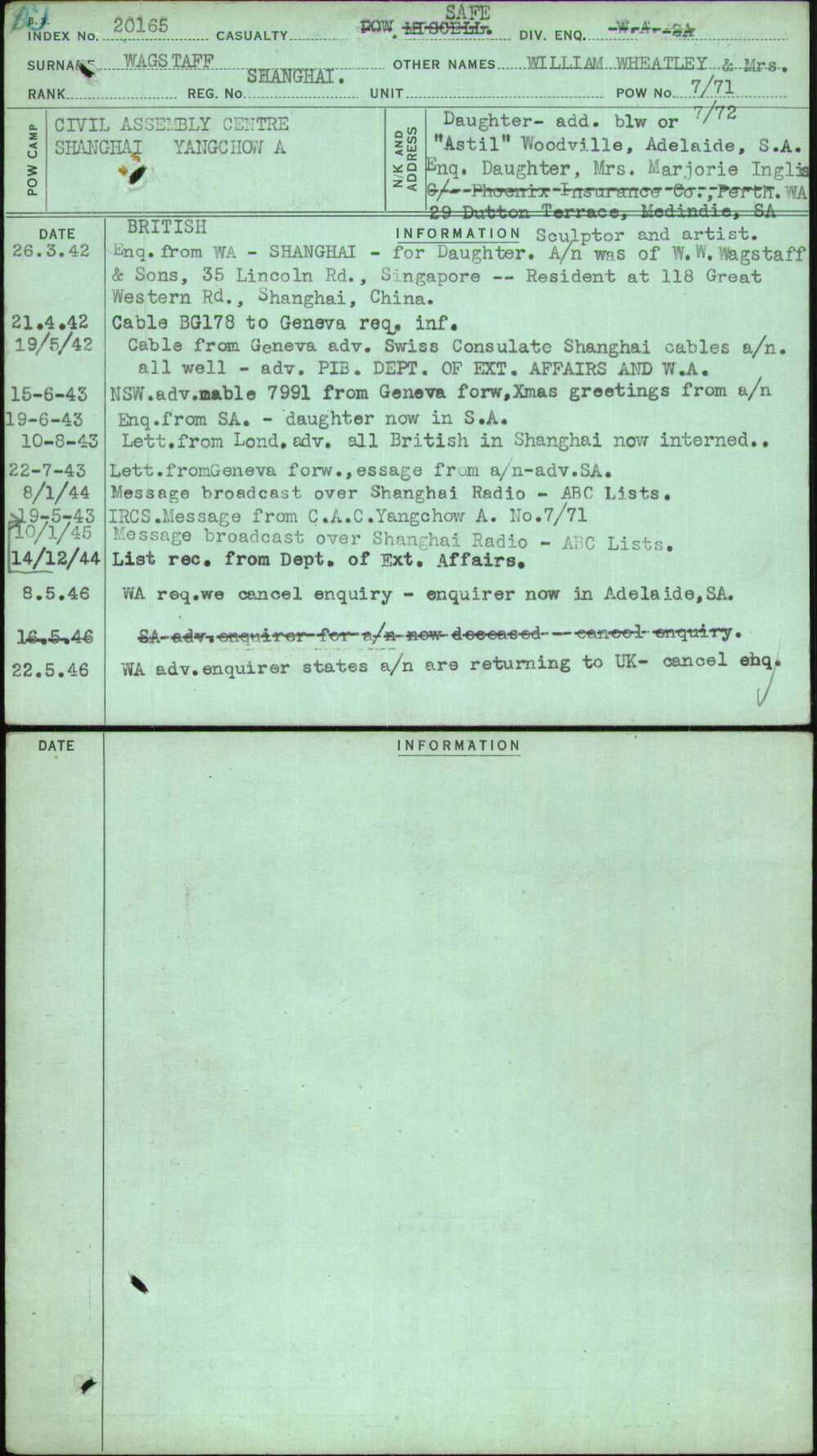 Wagstaff, William Wheatley &amp; Mrs, Shanghai