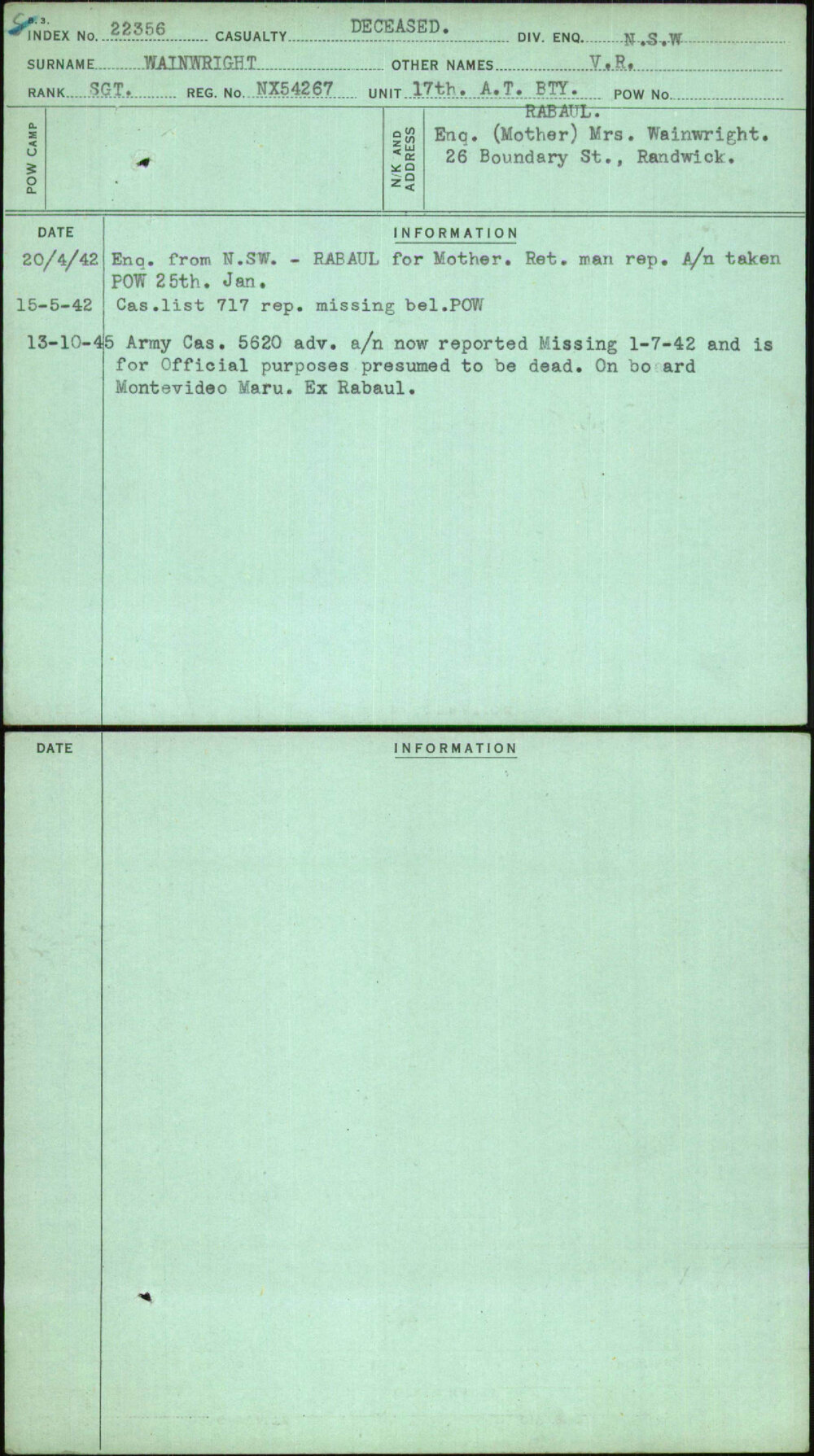 Wainwright, V R, NX54267