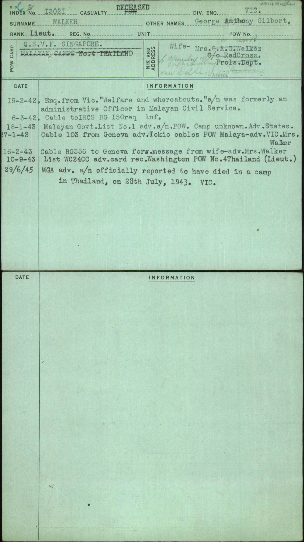 Walker, George Anthony Gilbert, [No Service Number]