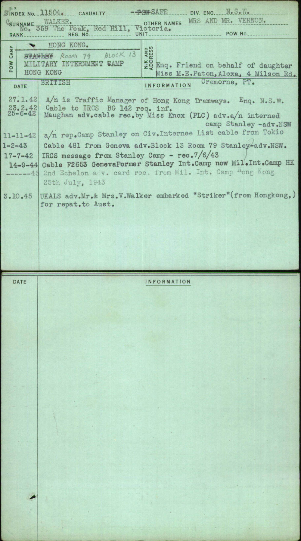 Walker, Mrs And Mr Vernon, [No Service Number]