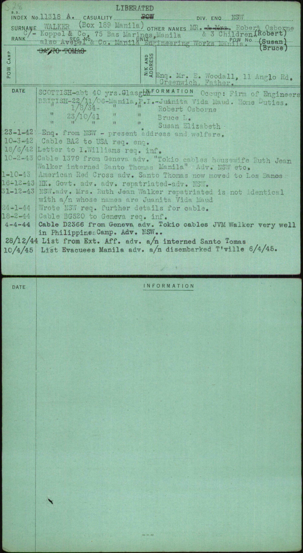 Walker (Box 189 Manila), Mr Robert Osborne &amp; 3 Children (Robert) (Susan) (Bruce), [No Service Number]