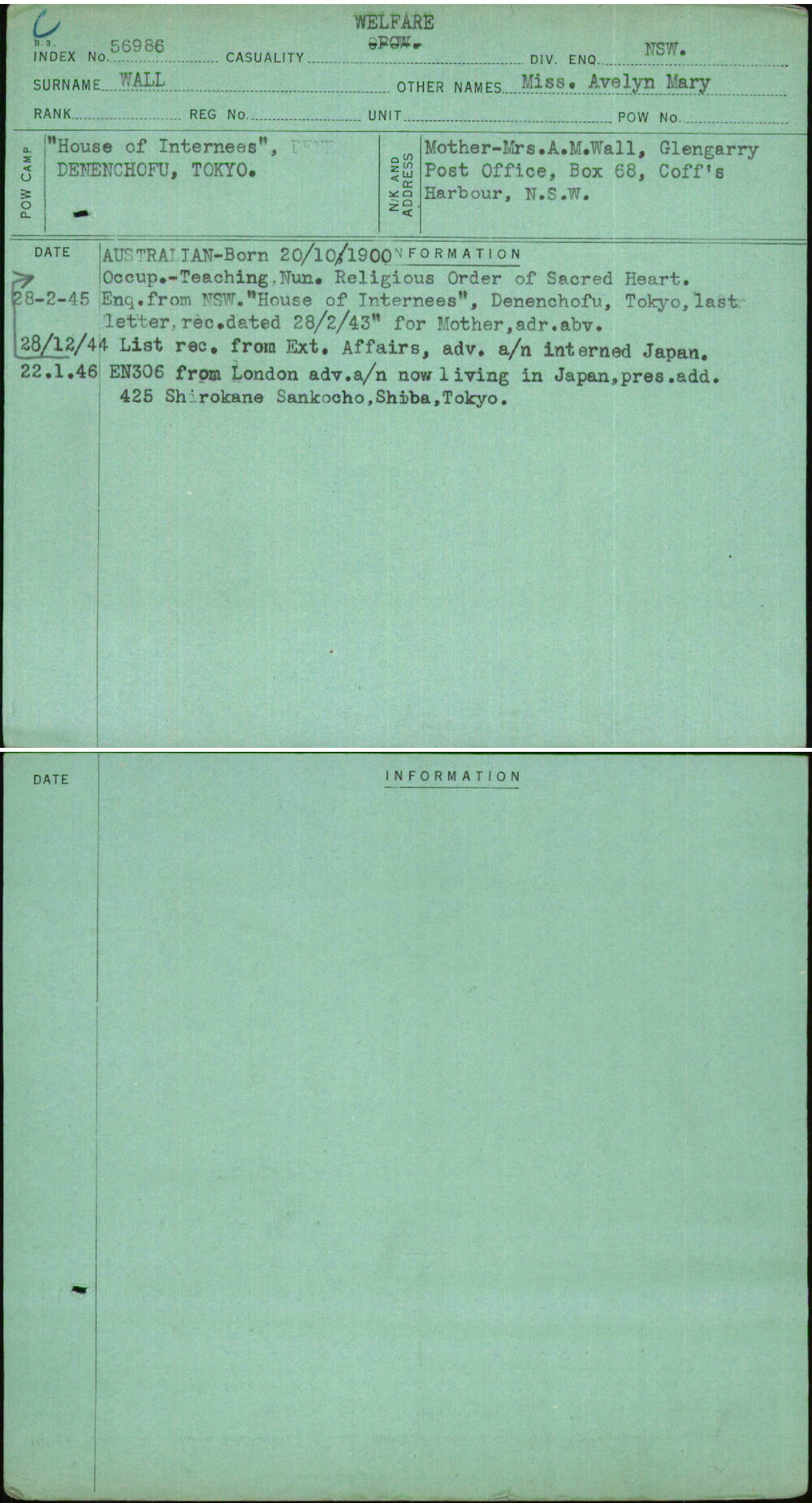 Wall, Miss Avelyn Mary, [No Service Number]