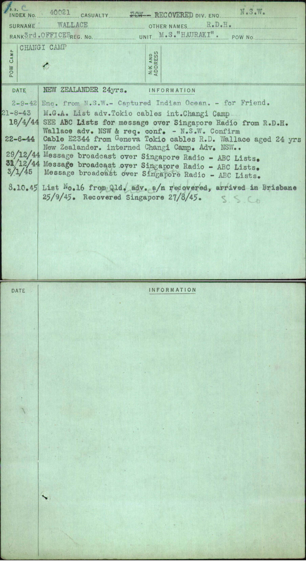 Wallace, R D H, [No Service Number]