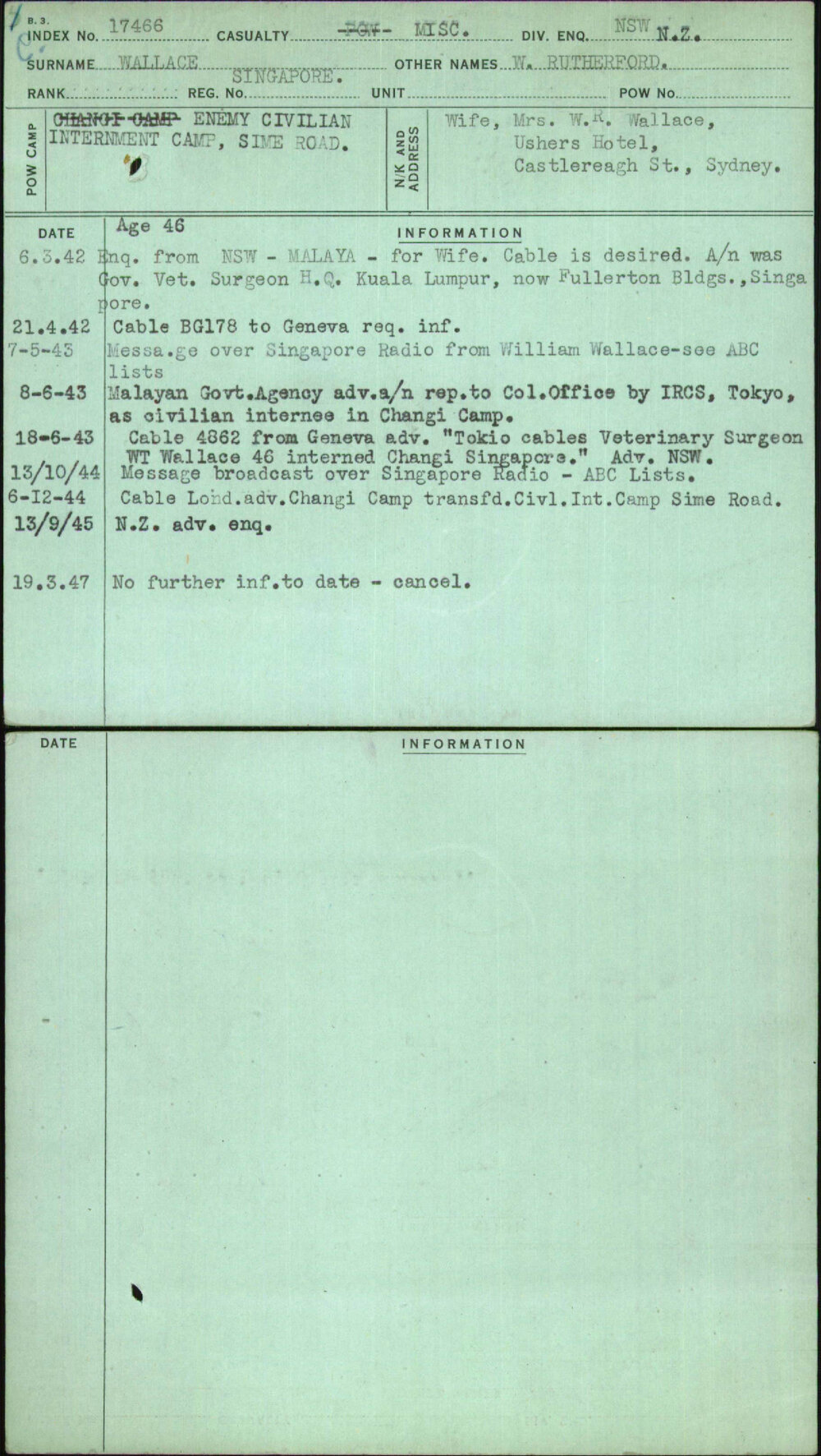 Wallace, W Rutherford, Singapore