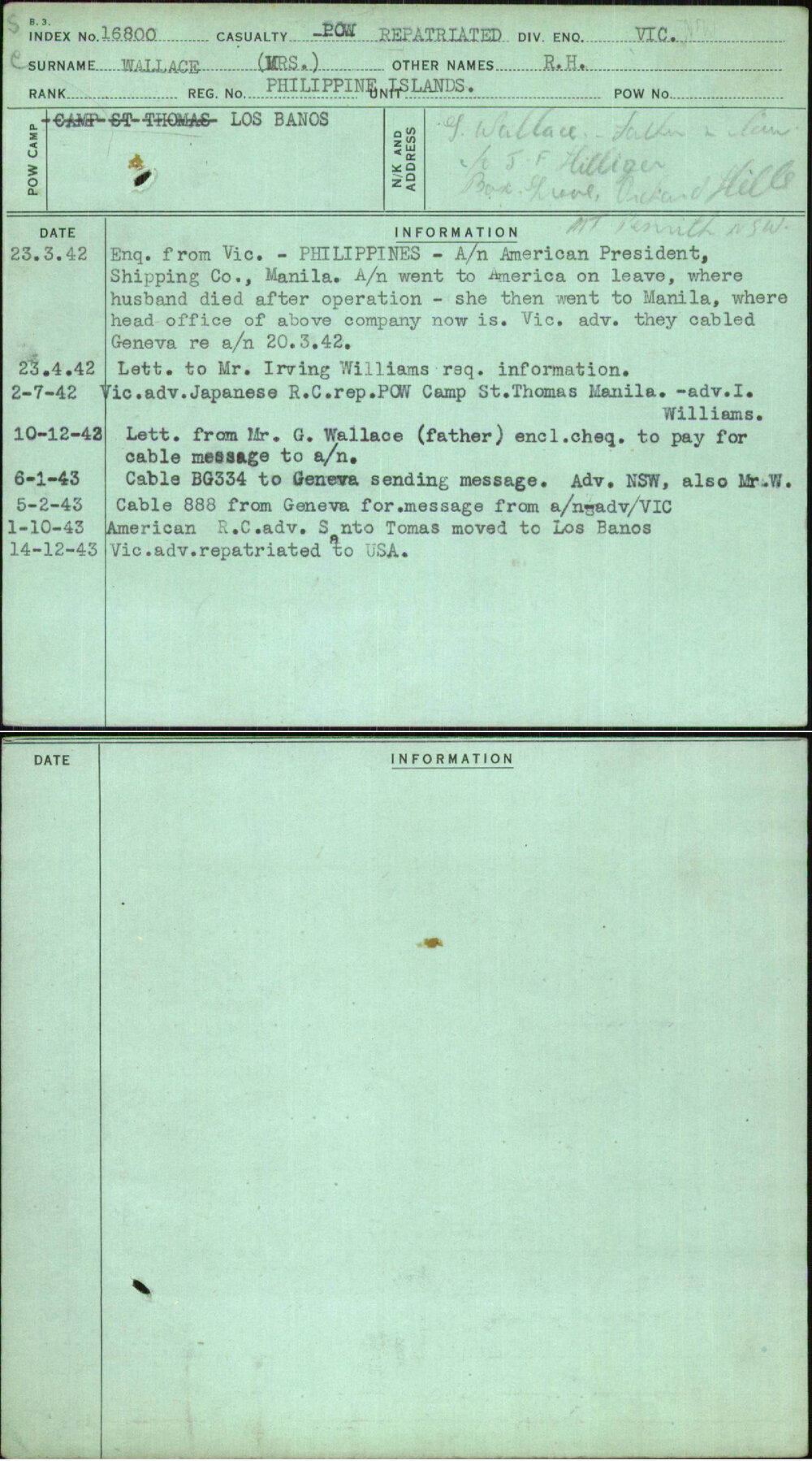 Wallace (Mrs), R H, Philippine Islands