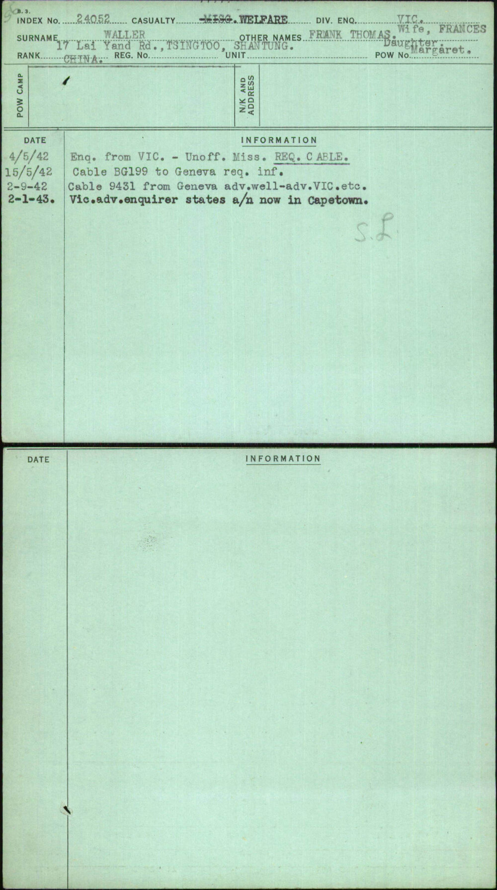 Waller, Frank Thomas Wife Frances Daughter Margaret, [No Service Number]